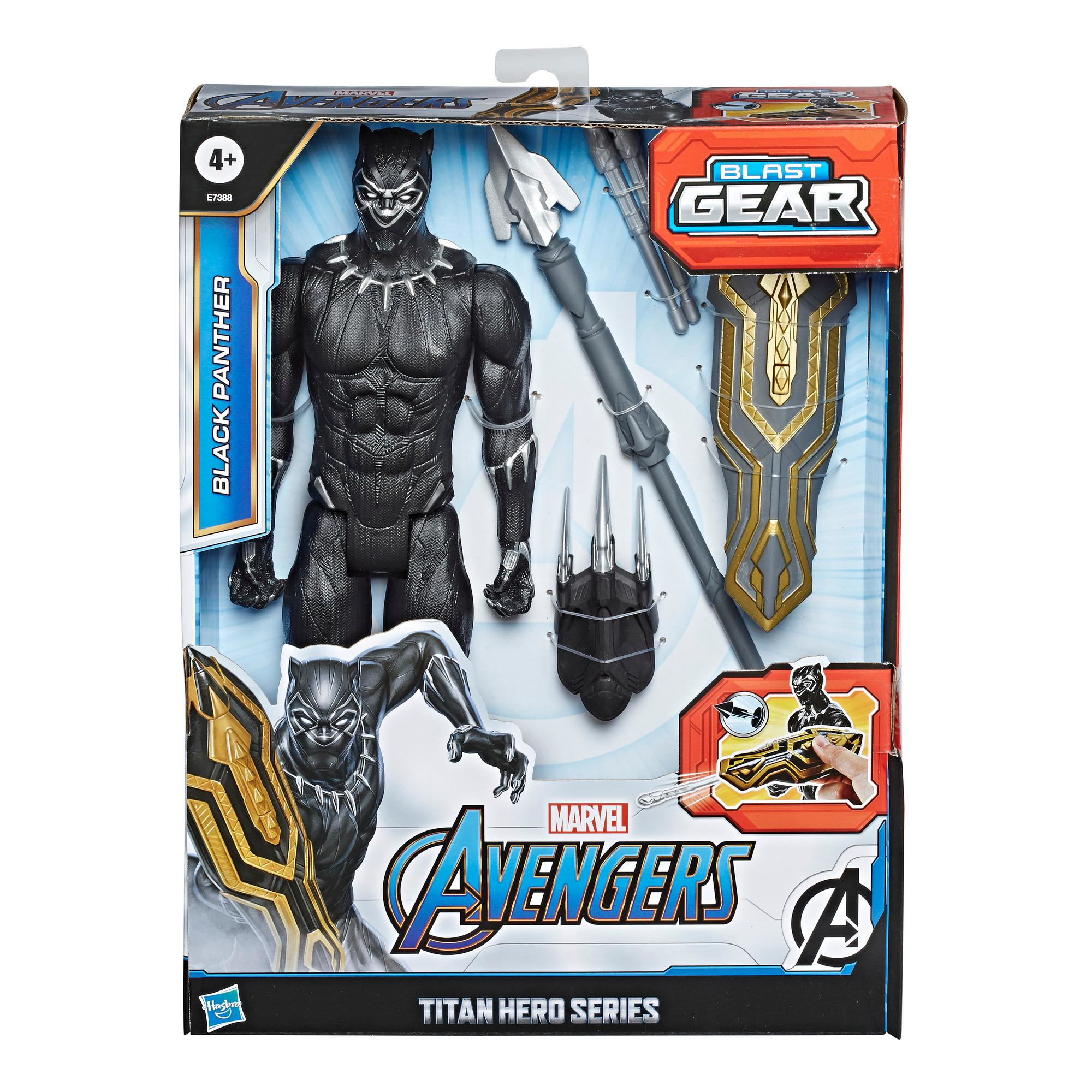 Giocattolo di Black Panther in scatola. Include lancia, scudo e accessori. Marchio Marvel Avengers.