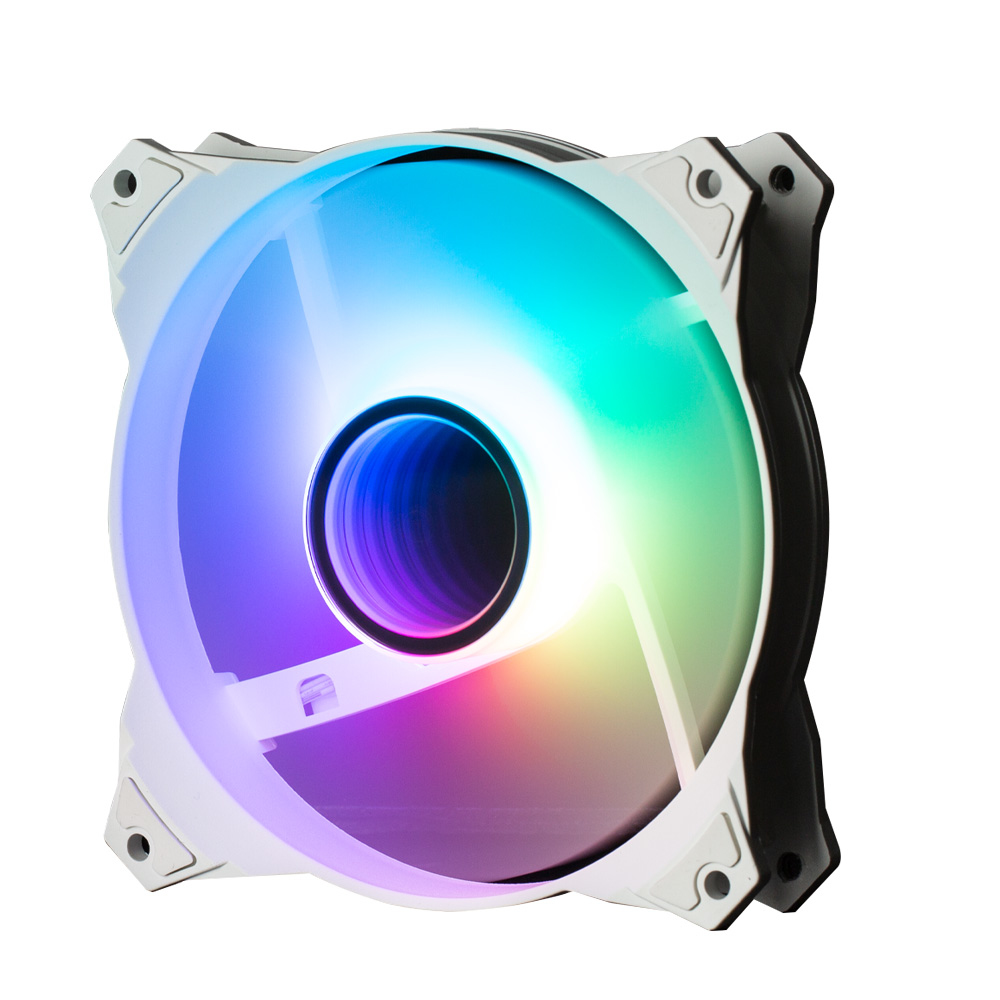 Weißer PC-Lüfter mit RGB-Beleuchtung. Der Lüfter hat ein kreisförmiges Design.