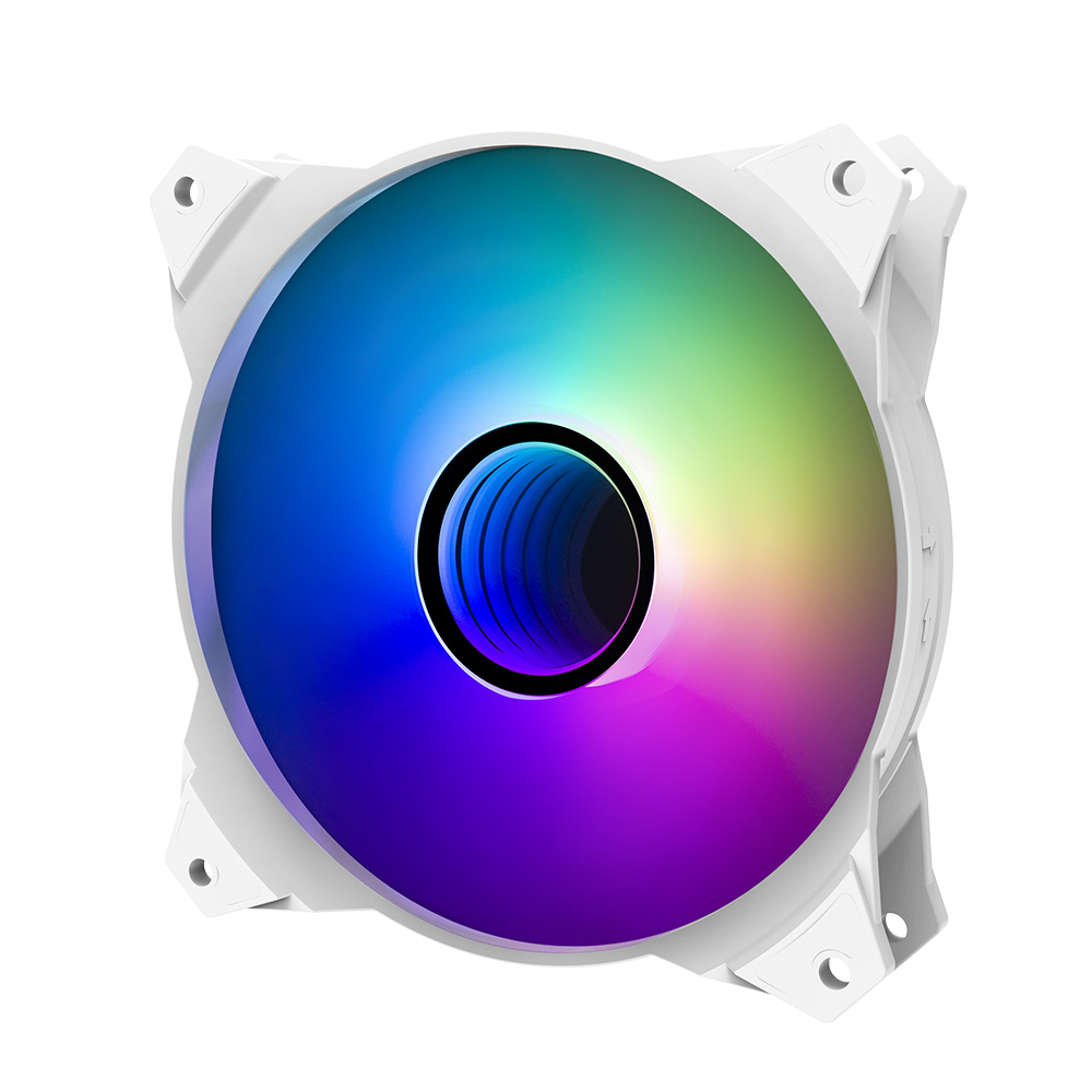 Weißer Lüfter mit RGB-Beleuchtung. Der Lüfter hat ein zentrales Design mit mehreren Flügeln.