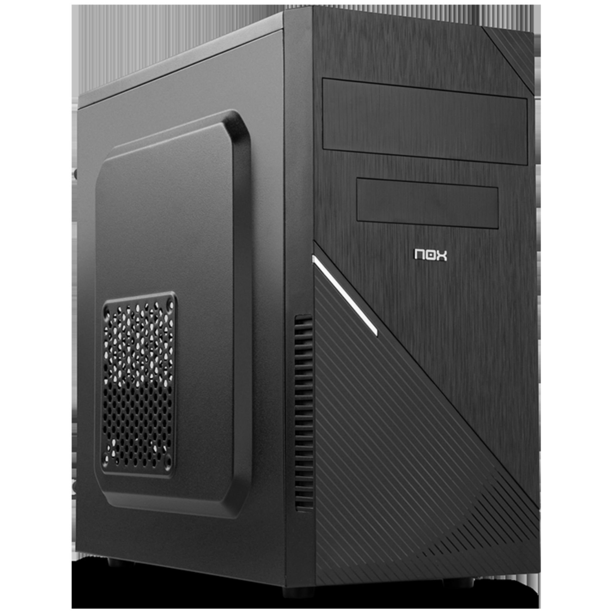 Czarna obudowa komputera na czarnej powierzchni, widok z boku.