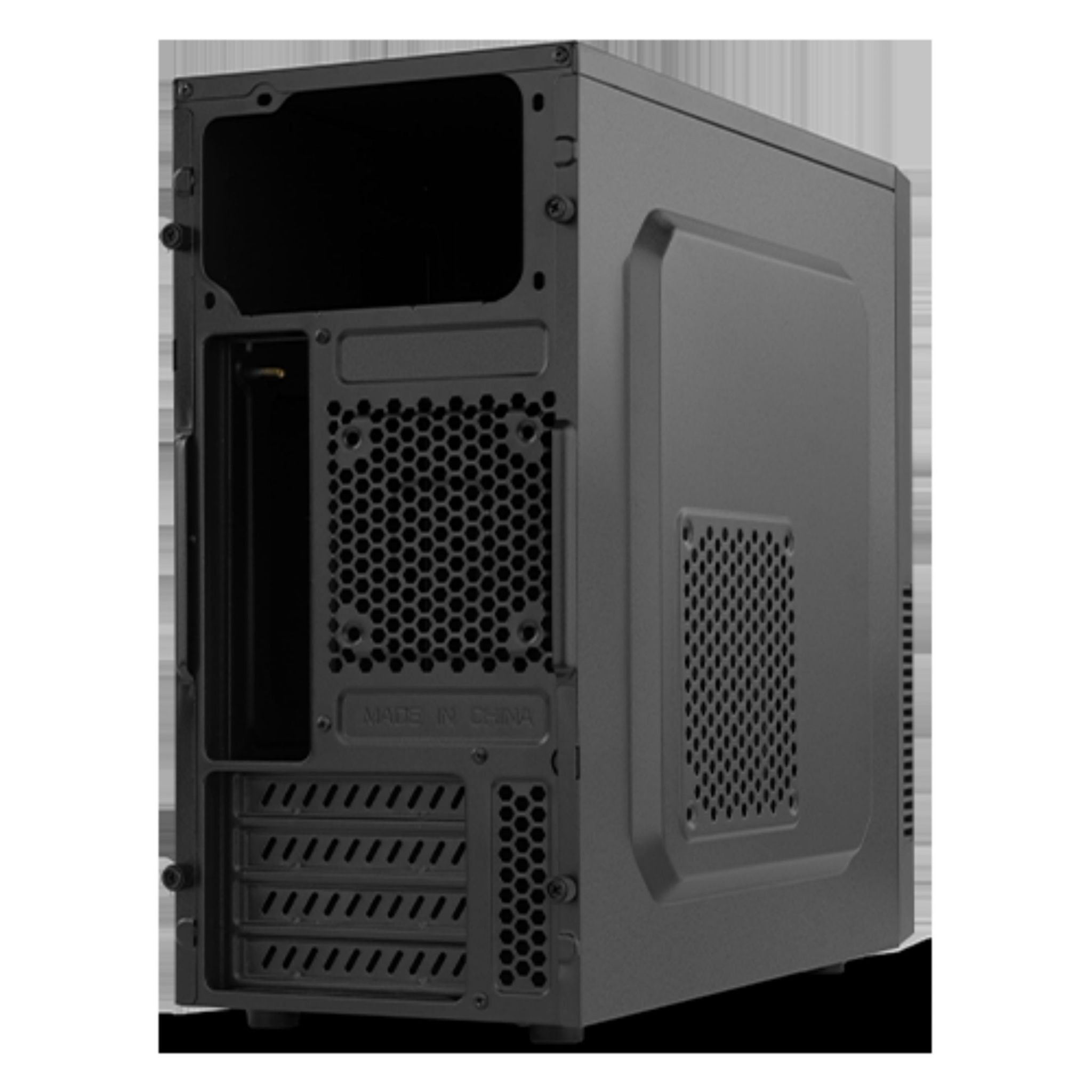 Tył czarnej obudowy komputera z otworami wentylacyjnymi na czarnej powierzchni.