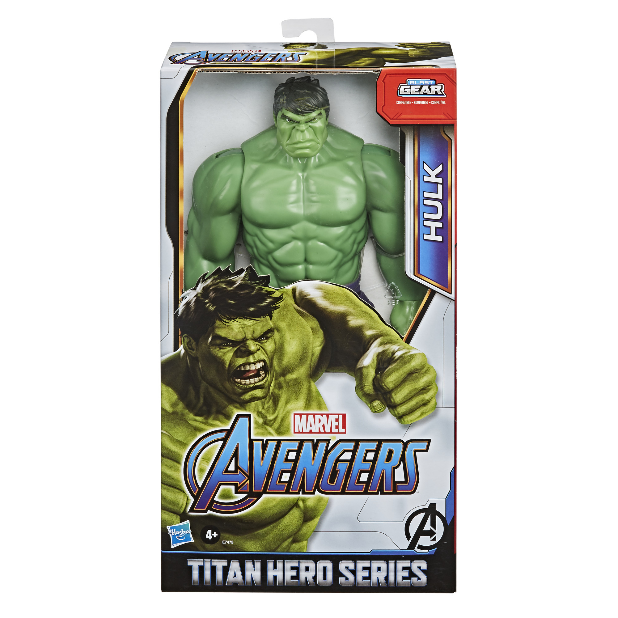 Juguete de Hulk en una caja. La caja muestra la figura de Hulk y el logo de Marvel Avengers.