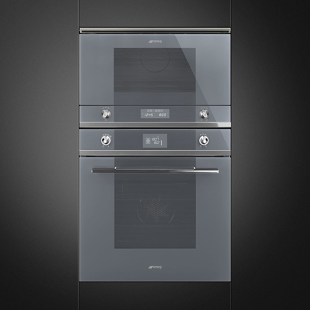 Forno a incasso e combinazione microonde. Finitura grigio scuro. Visualizza l'ora. Due pannelli di controllo.