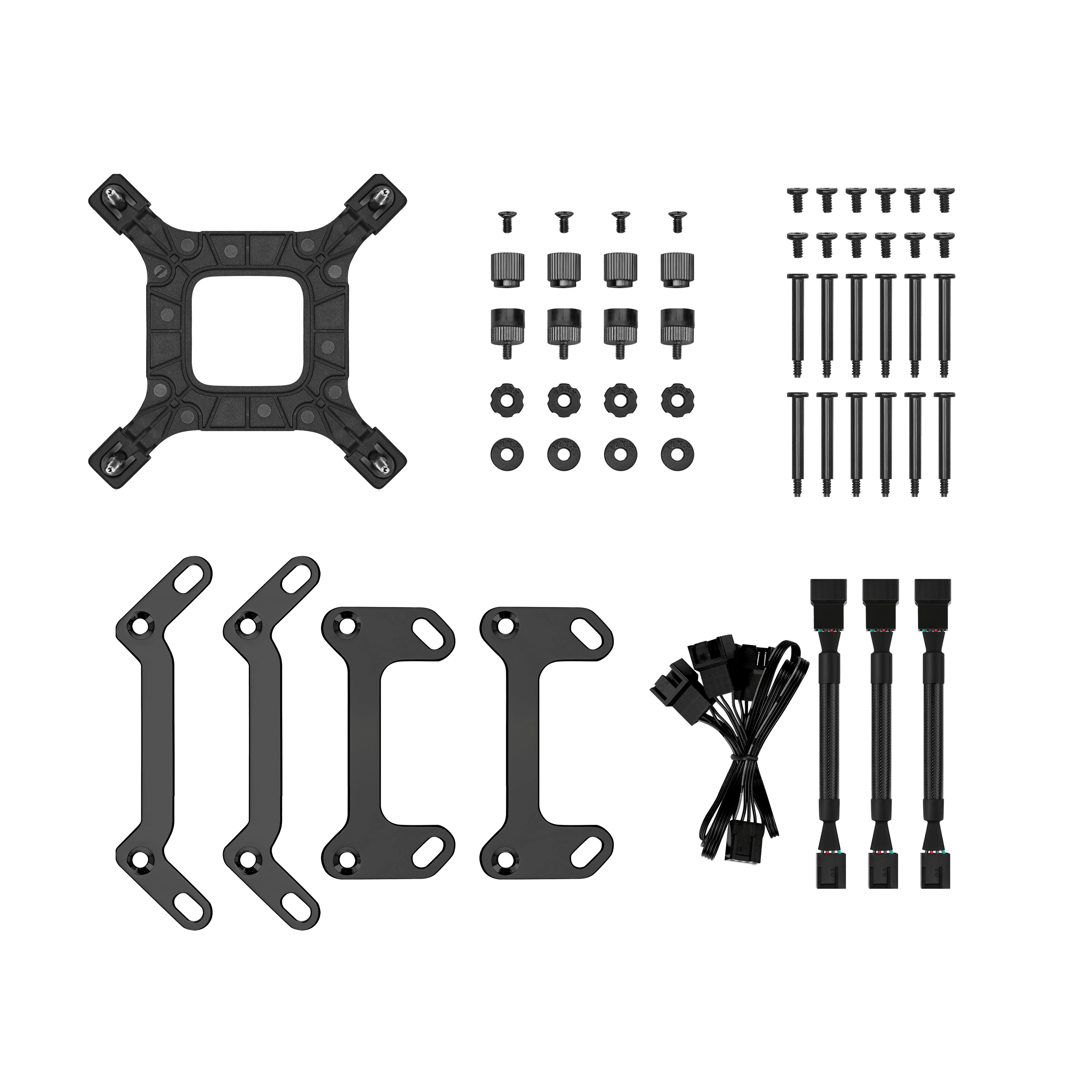 Elementy chłodzenia komputera: wsporniki, śruby i złącza.