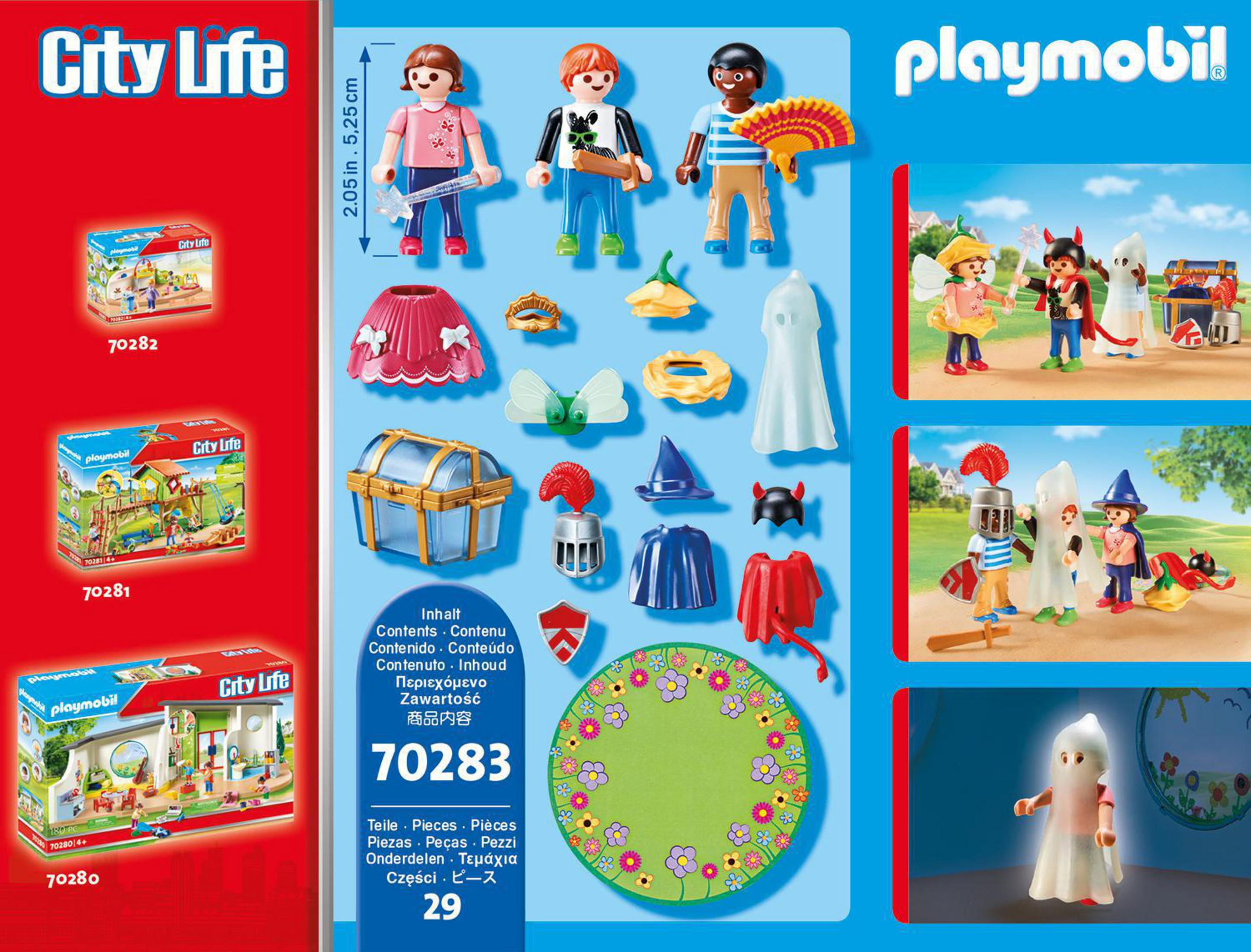 Playmobil-Box mit verschiedenen Figuren und Zubehör.