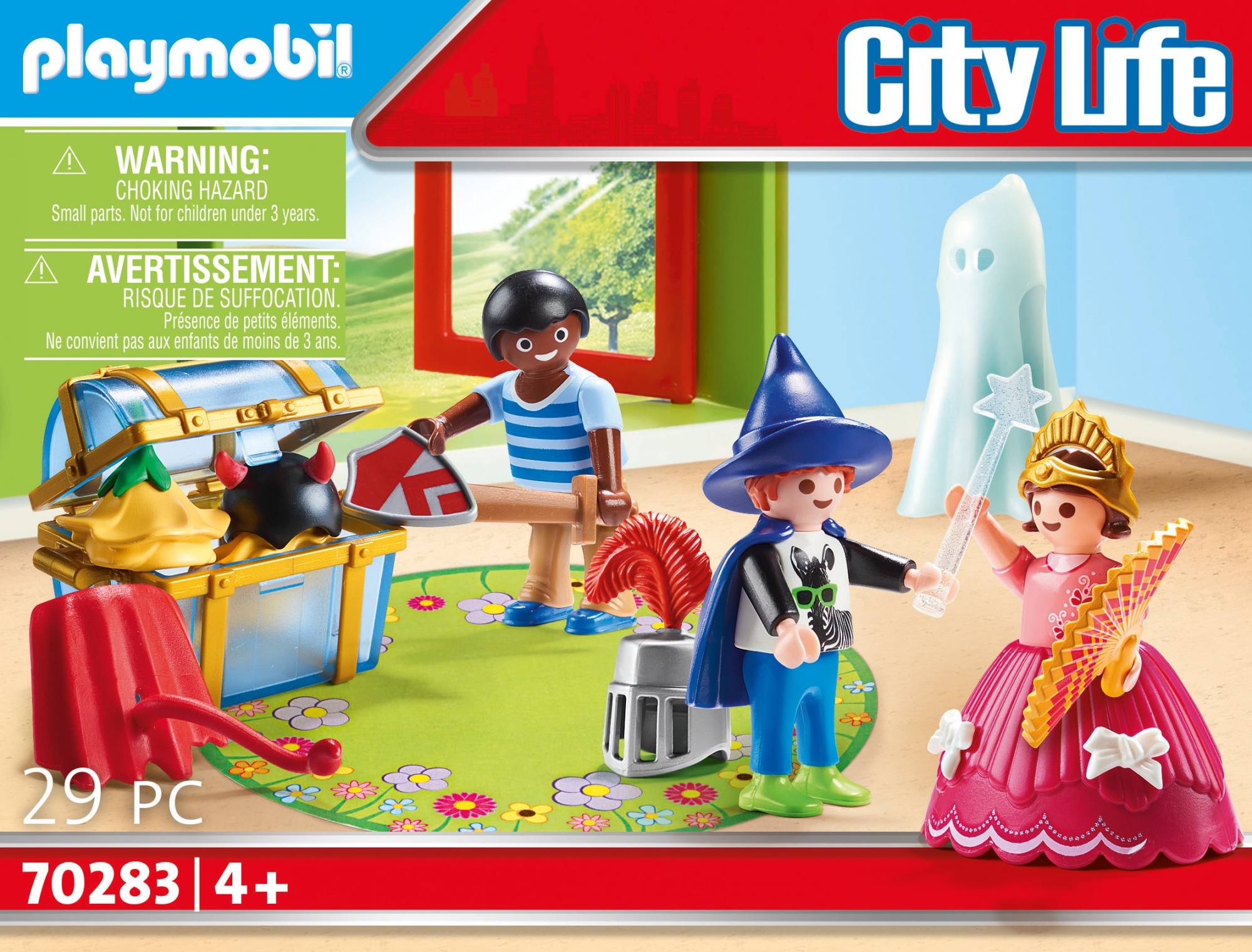 Playmobil-Box mit Figuren: Ritter, Prinzessin, Junge und Geist.