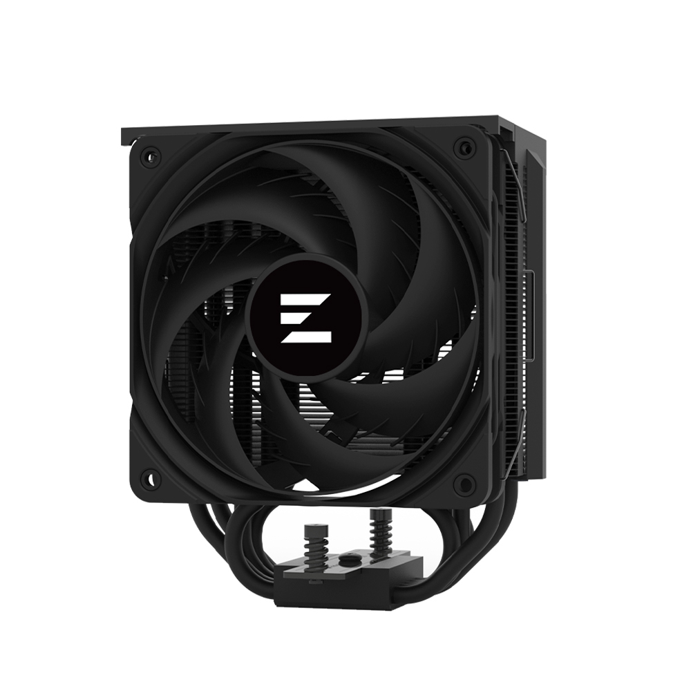 Schwarzer CPU-Kühler mit Lüfter. Markenlogo in der Mitte. Weißer Hintergrund.