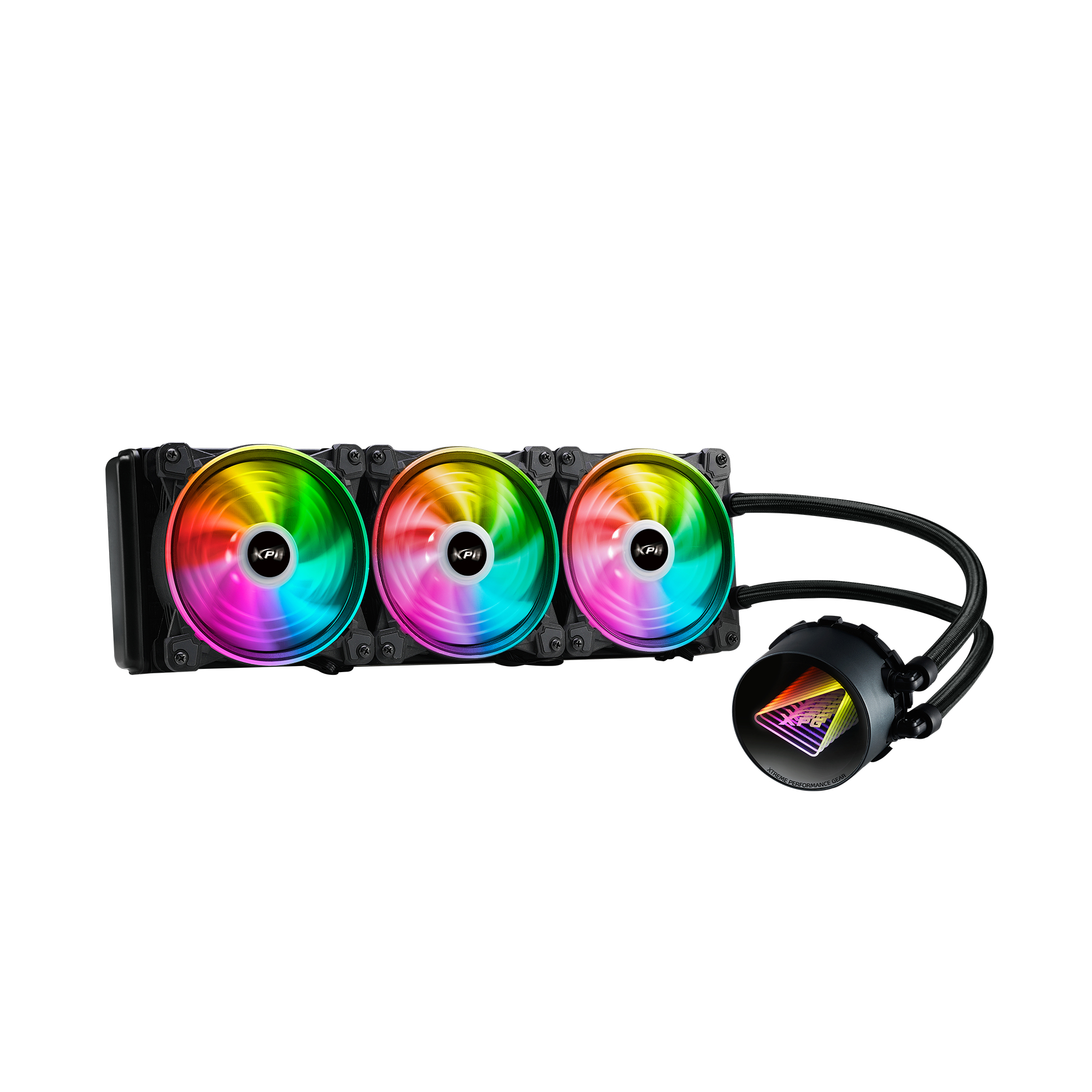 Un dissipatore a liquido nero con tre ventole colorate e tubi collegati.