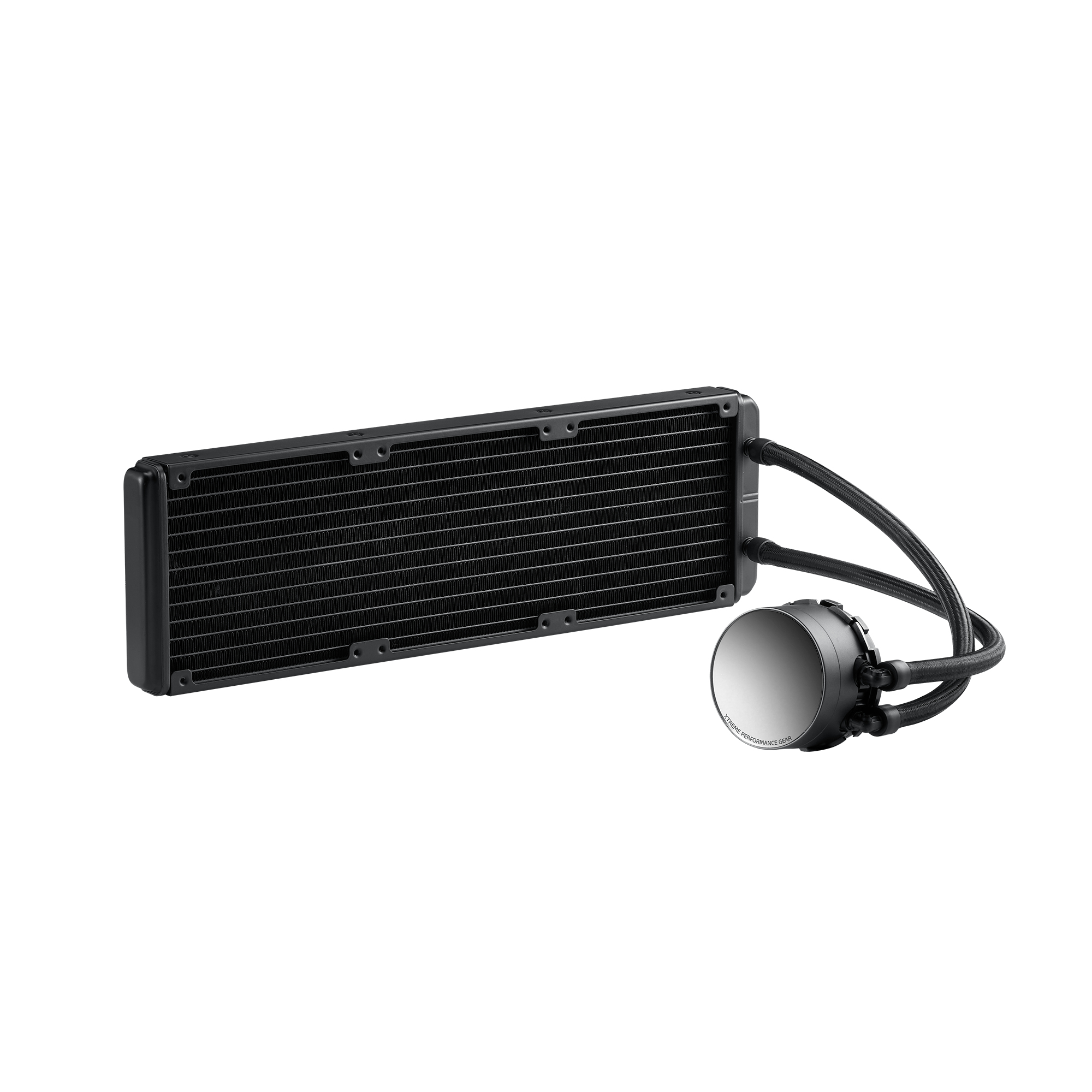 Radiatore nero con tubi collegati a un componente circolare.