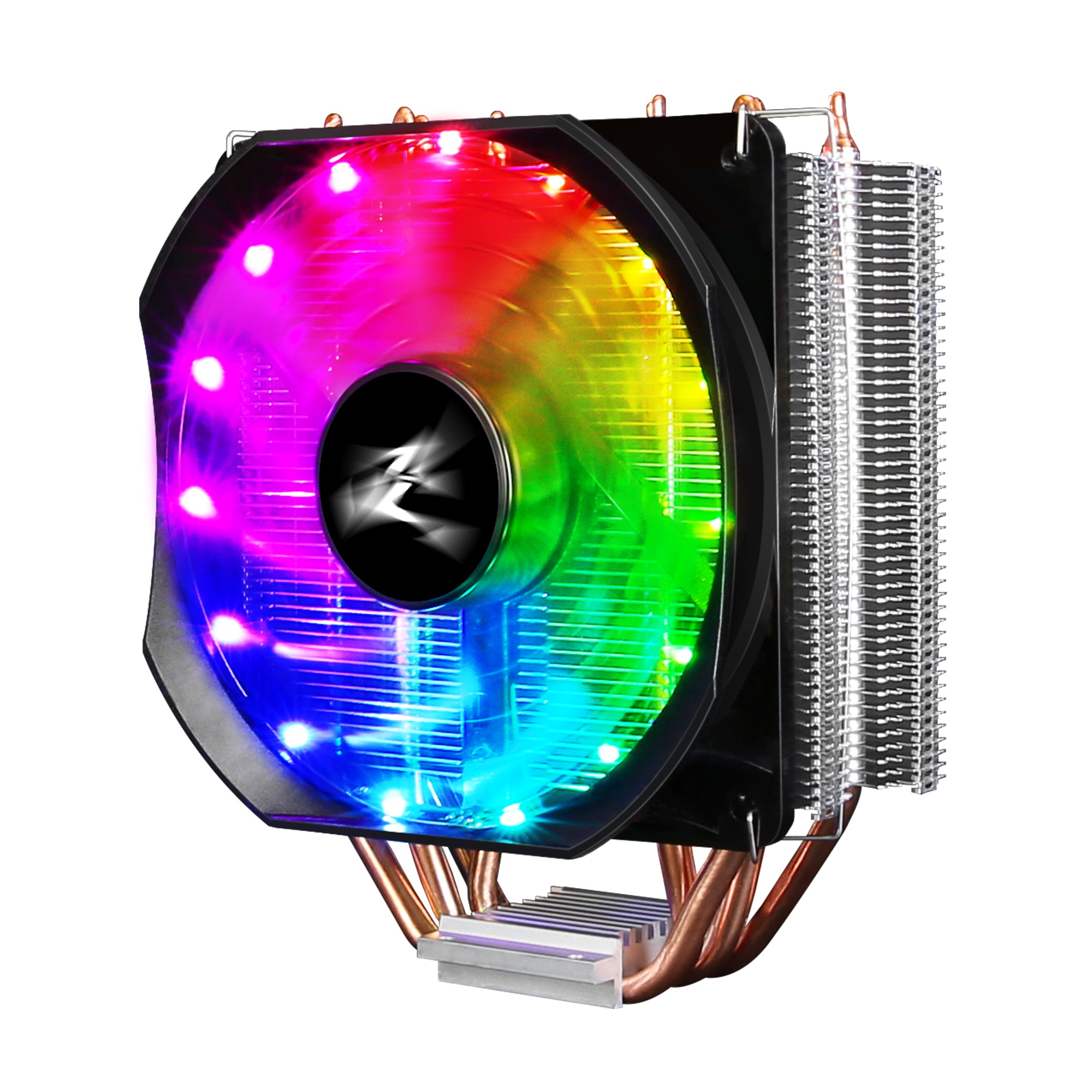 Computerlüfter mit Regenbogen-LED-Beleuchtung. Der Lüfter ist schwarz mit einem zentralen Logo. Kupferrohre und Metallbasis.