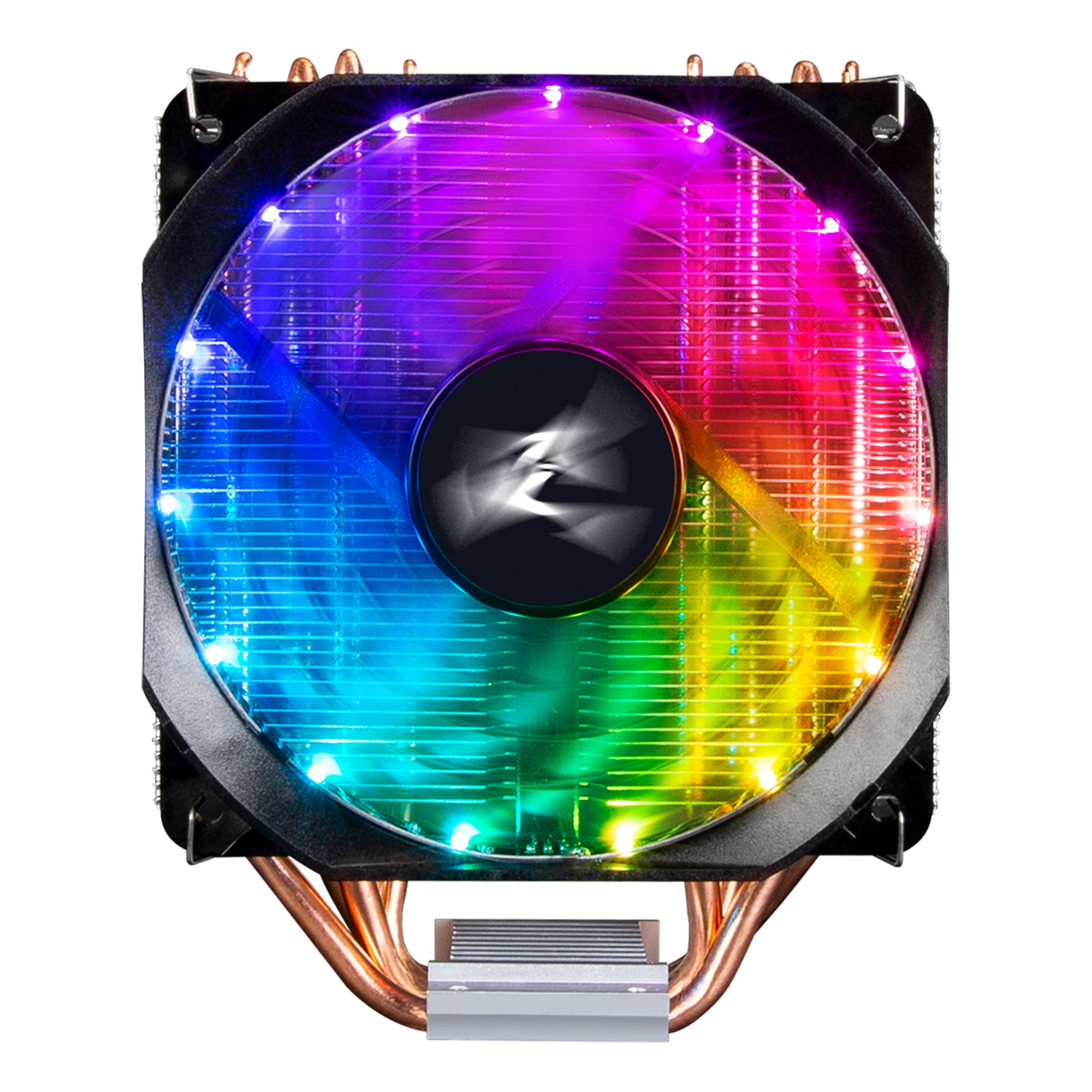 Computerlüfter mit Regenbogen-LED-Beleuchtung. Der Lüfter ist schwarz mit einem zentralen Logo. Kupferrohre und Metallbasis.