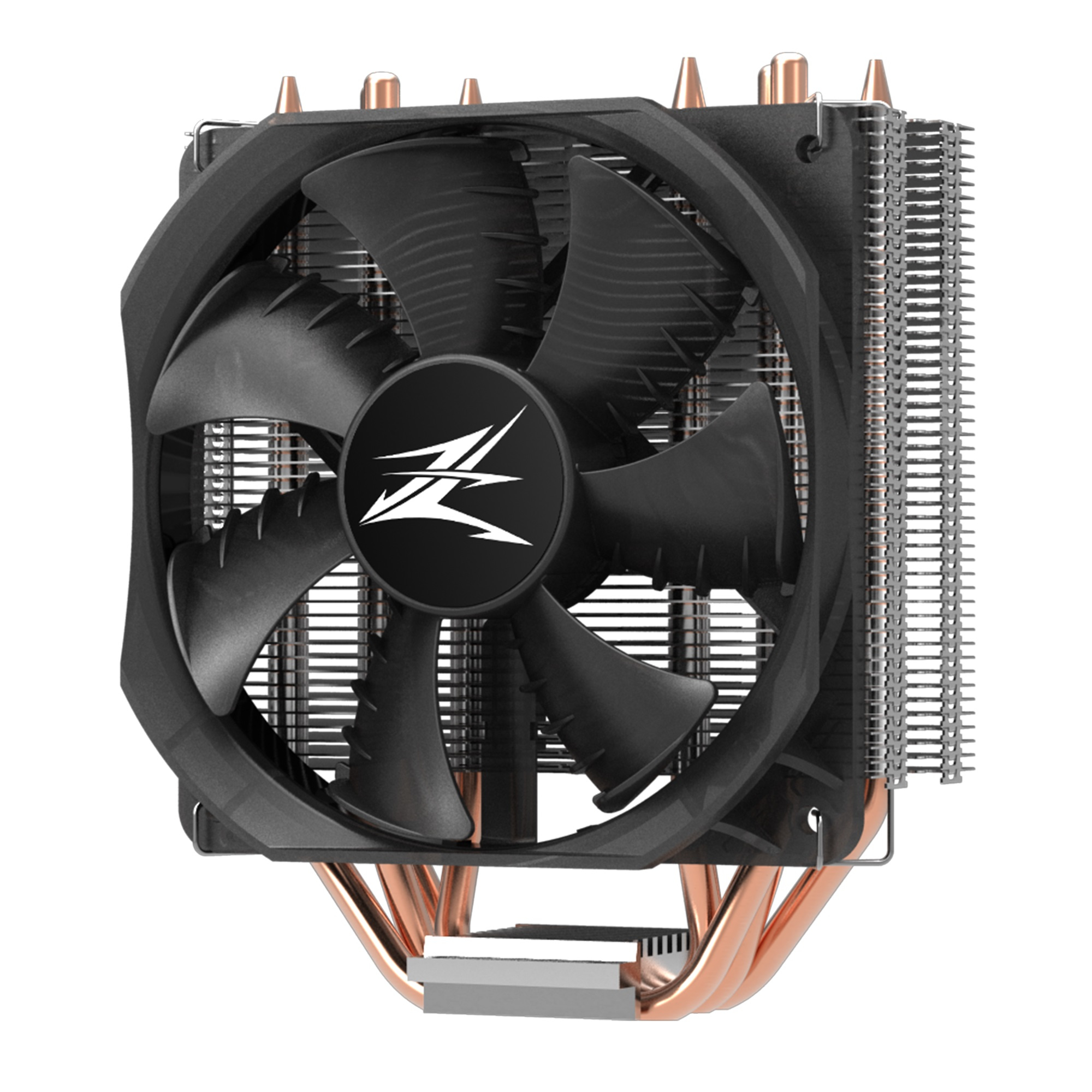 Ein schwarzer CPU-Kühler mit einem Lüfter. Er hat Kupfer-Heatpipes und ein ZALMAN-Logo.