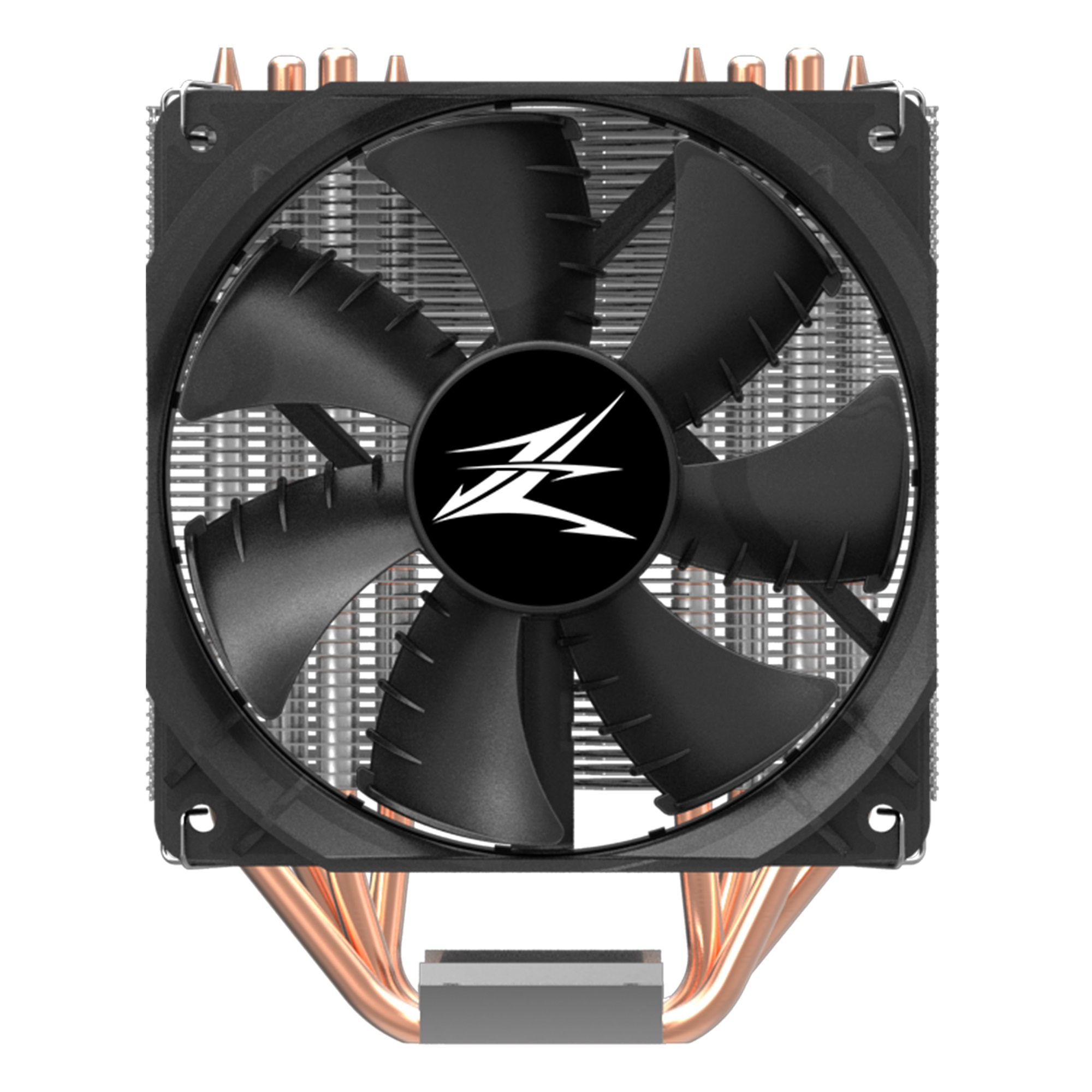 Ein schwarzer CPU-Kühler mit vier Lüftern und Kupfer-Heatpipes.