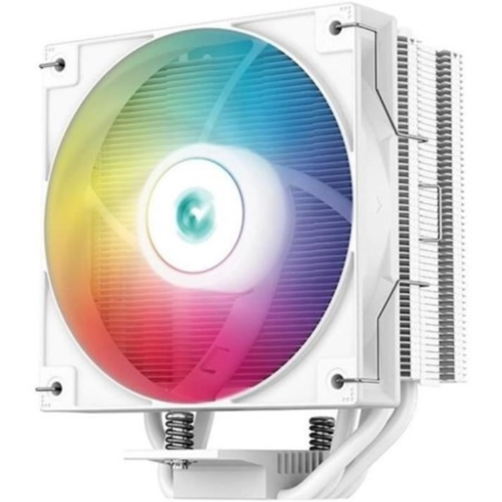 White computer fan with rainbow lights. The fan has curved blades and is on a white frame. Silver screws are visible.