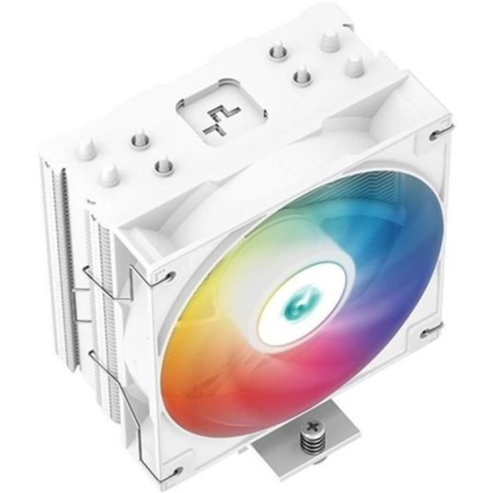 White CPU cooler with a rainbow fan and a silver mounting bracket.