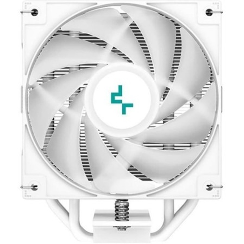White computer fan with many blades and a blue logo. The background is white.