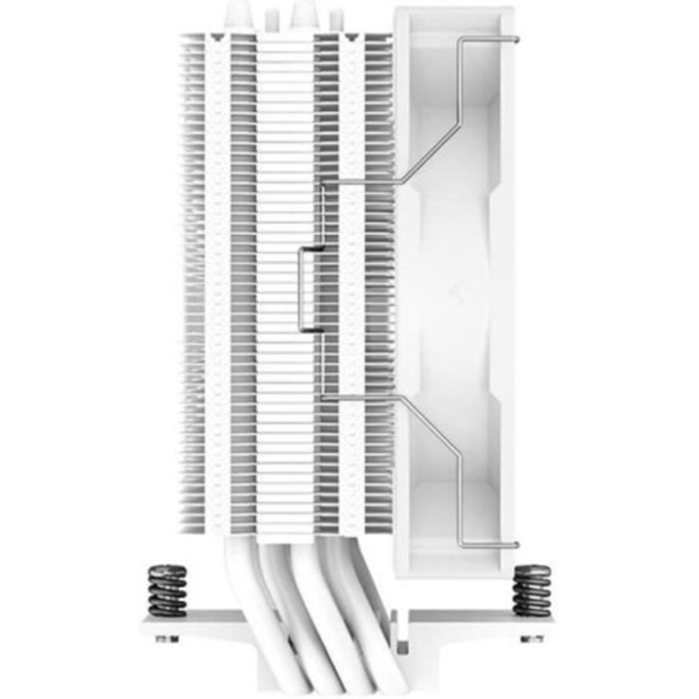 A white CPU cooler with heat pipes and a fan, set against a white background.