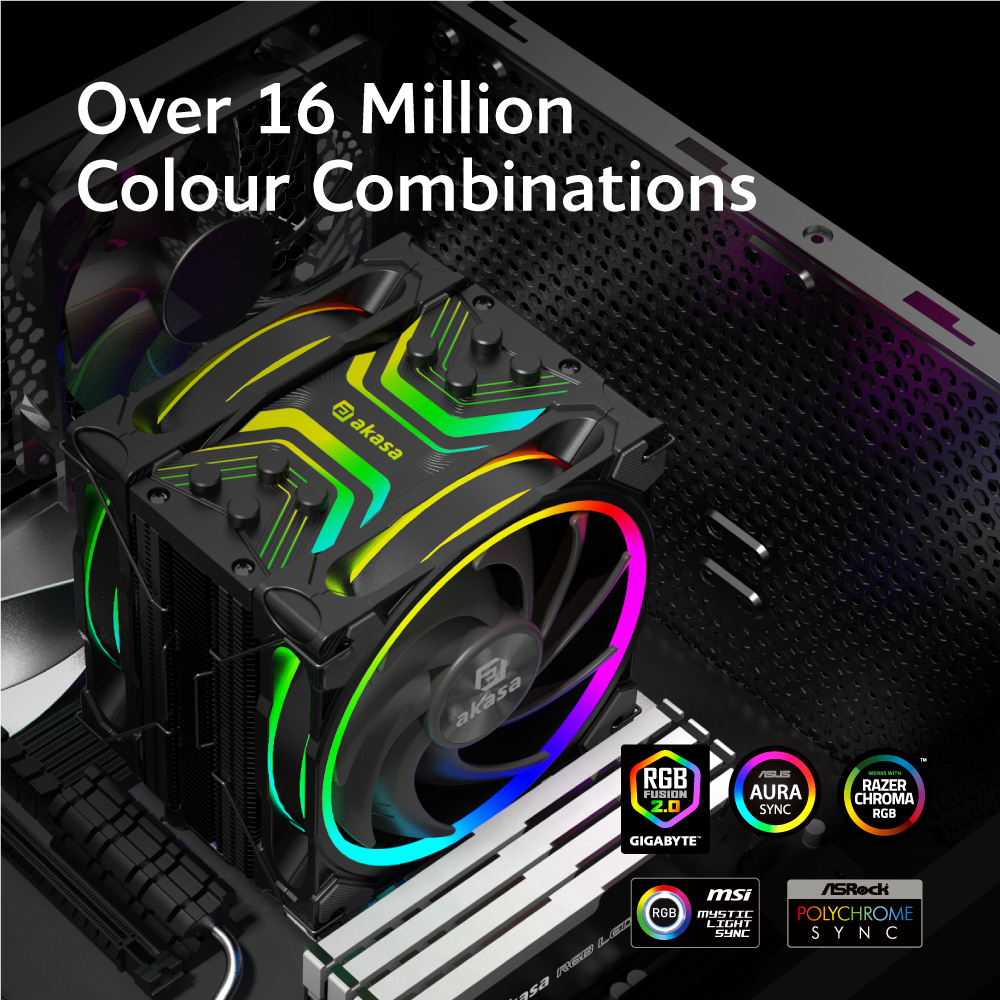 Un componente del computer con luci a LED arcobaleno, in un ambiente scuro, che mostra combinazioni di colori.