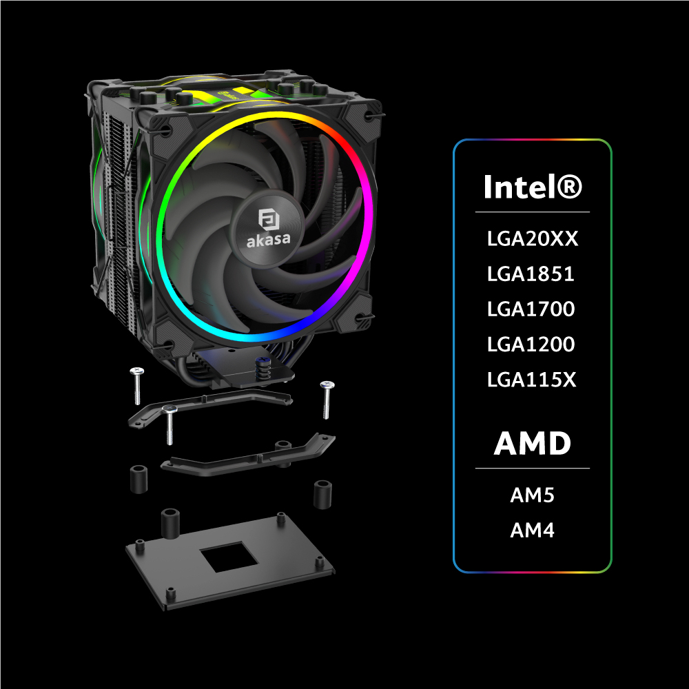 Dissipatore CPU smontato con ventola Akasa e lista di compatibilità Intel/AMD.