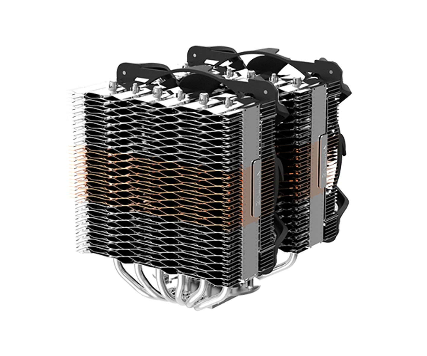 Computer CPU cooler with two sections and copper heat pipes.