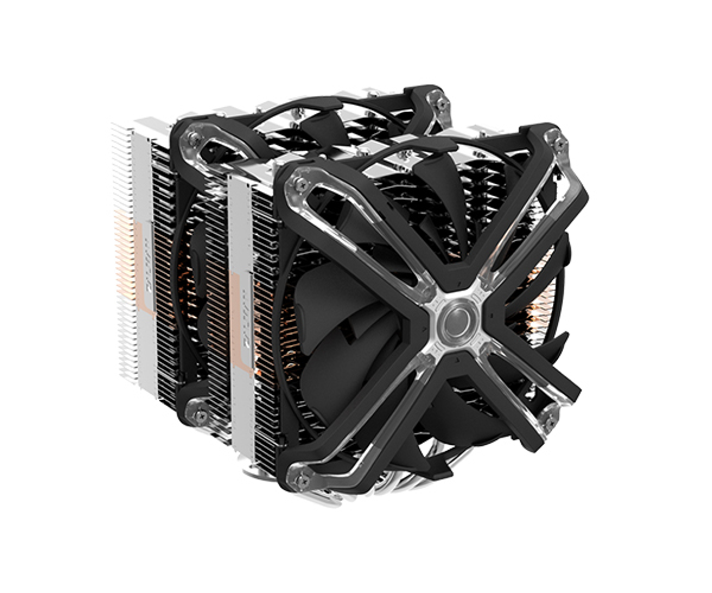 A CPU cooler with black fans and a silver frame. Angled view.