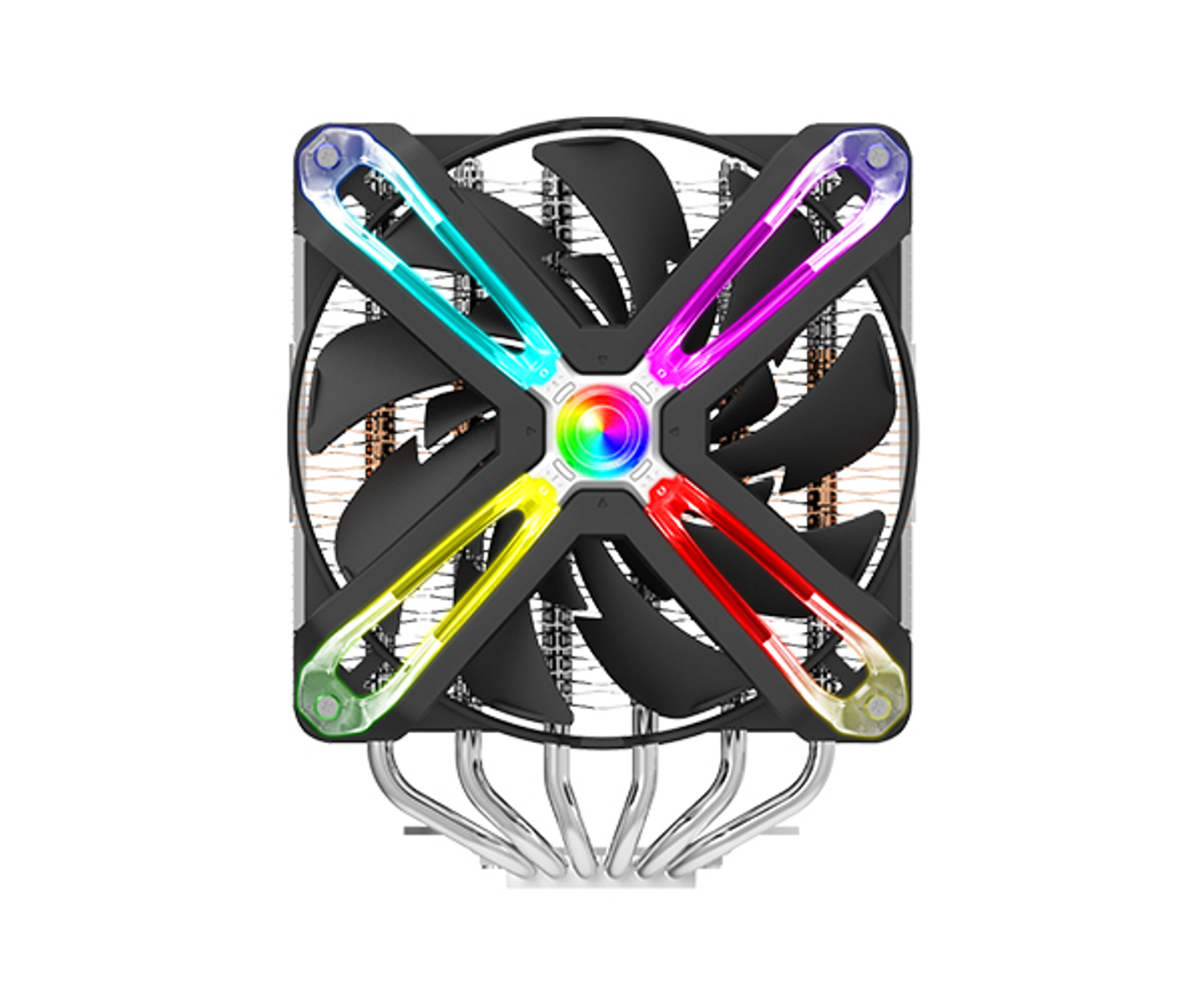 CPU cooler with a black fan, four colored light beams, and a central fan, with silver supports.