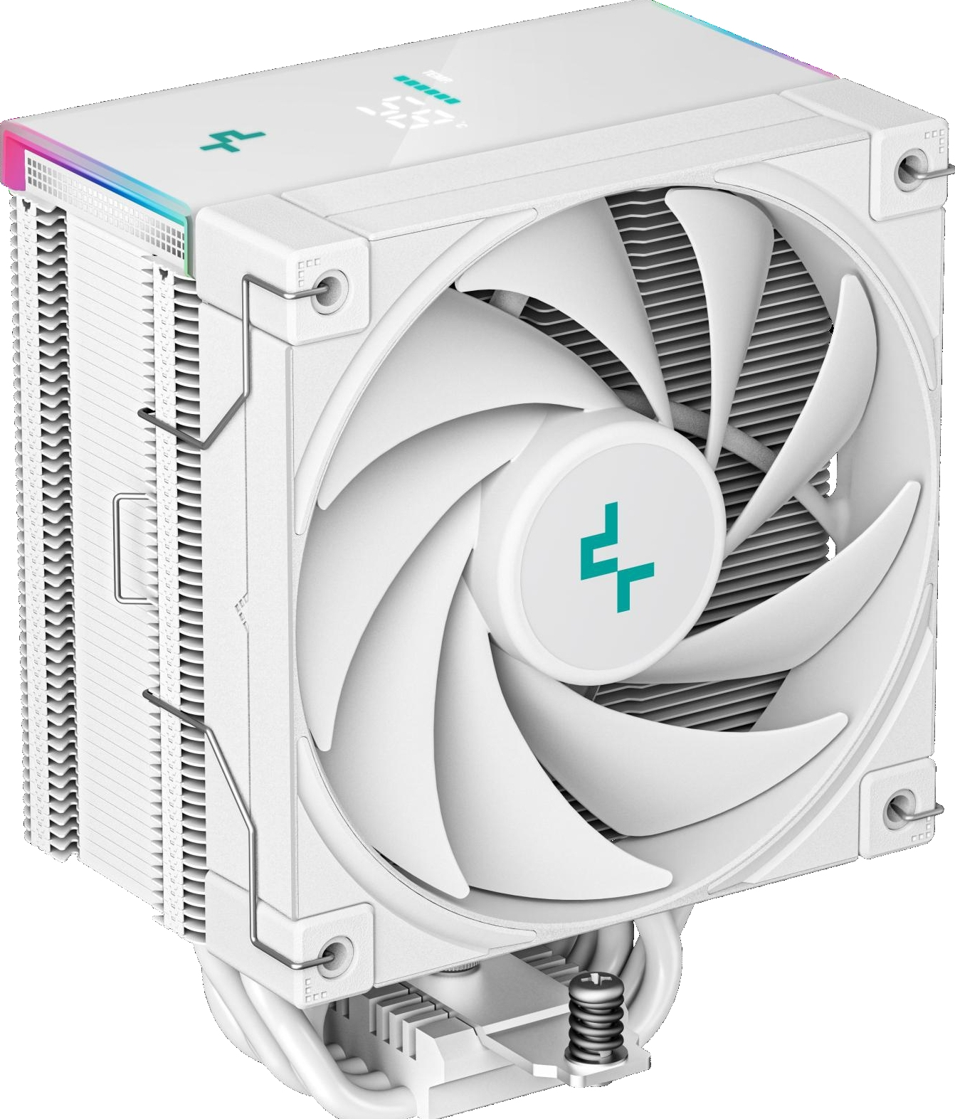 Refroidisseur de CPU blanc avec grand ventilateur, un logo et une pile d'ailettes, isolé sur blanc.