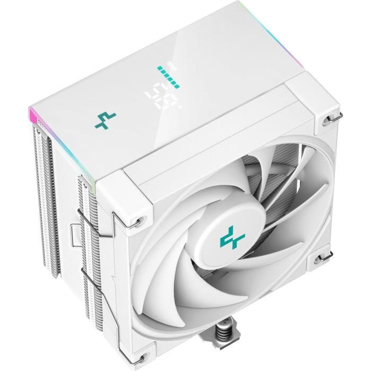 Un ventilateur d'ordinateur blanc avec un cadre blanc et une hélice blanche.