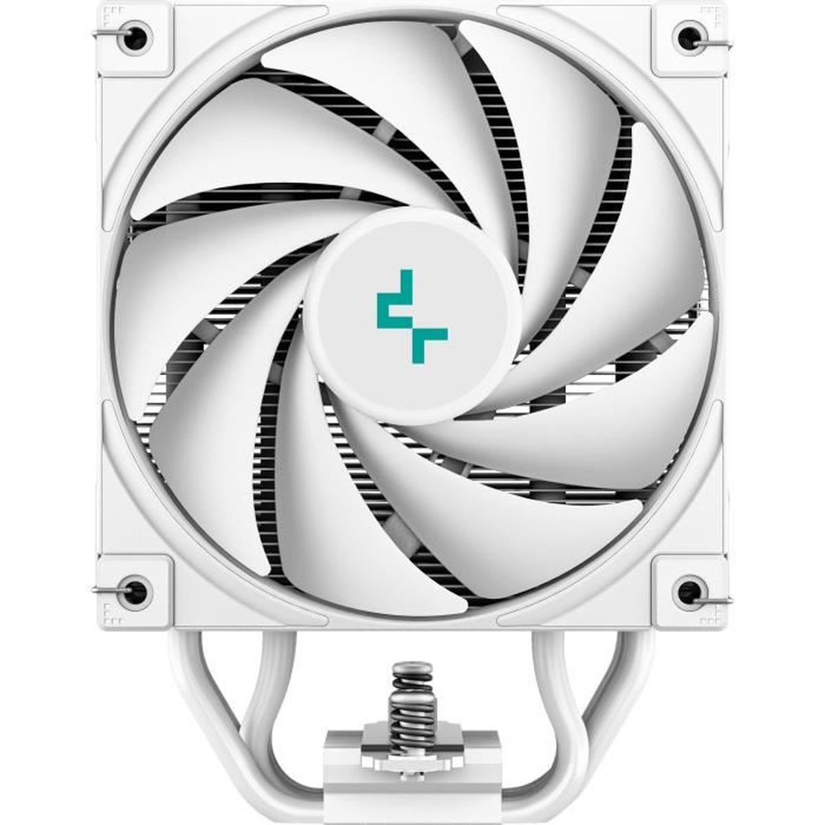Ventilateur PC blanc avec pales incurvées et logo central, monté sur un cadre blanc.
