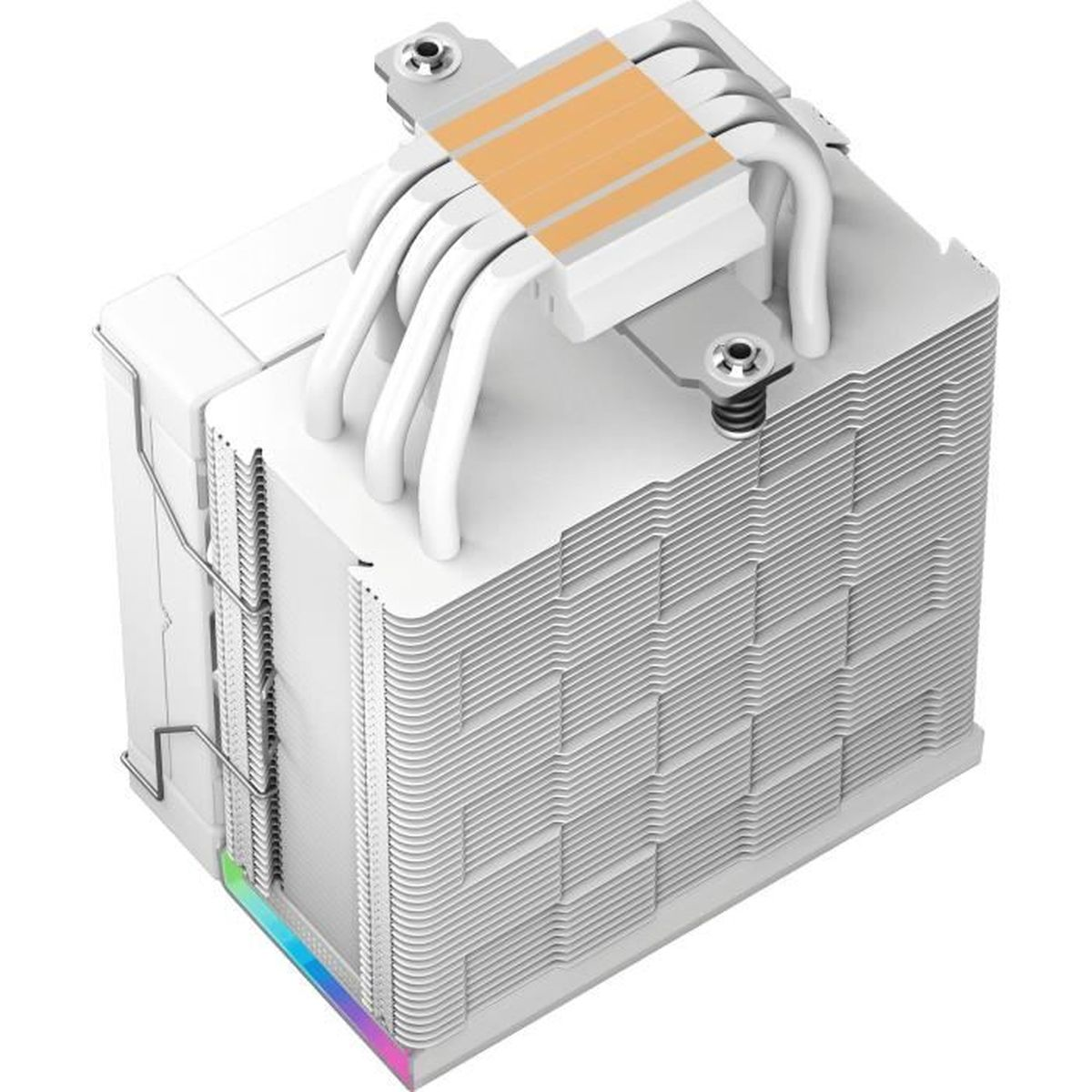 Refroidisseur de CPU blanc avec une pile d'ailettes, des tubes blancs et un accent LED coloré.