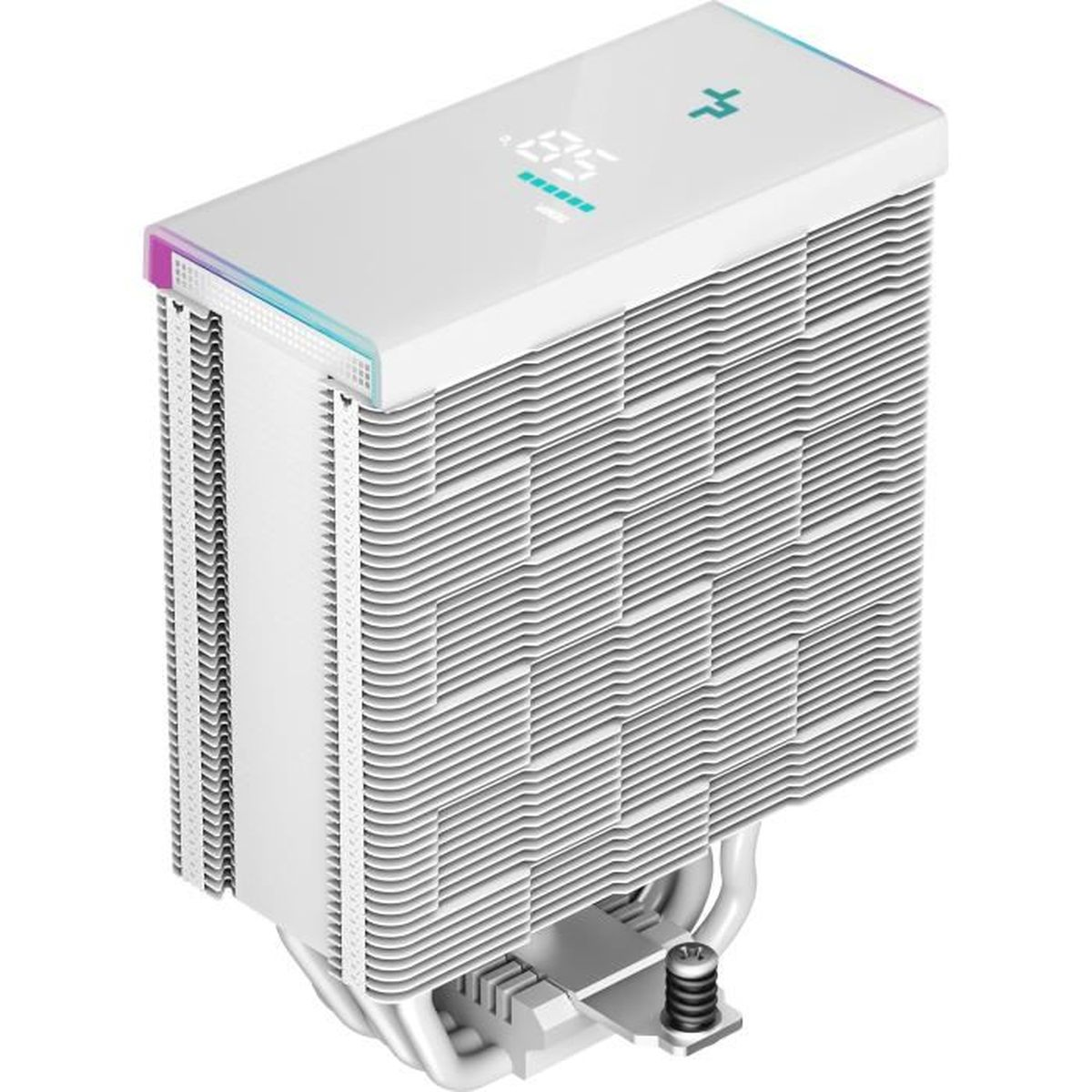 Refroidisseur de CPU blanc avec affichage numérique, accents multicolores et une pile d'ailettes.