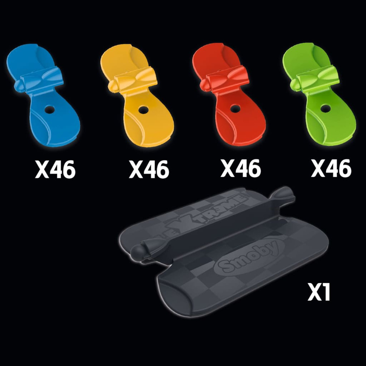 Różne kolorowe złącza do samochodzików i czarne złącze z logo Smoby.