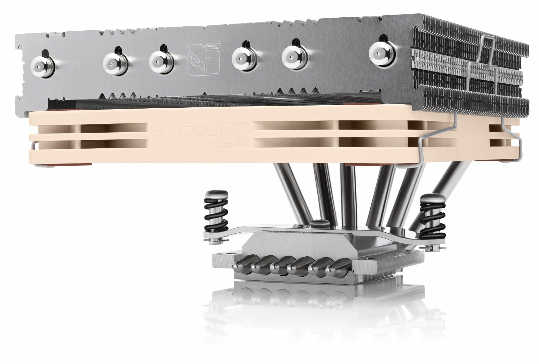 A computer CPU cooler with a silver heatsink and beige fins, mounted on a black base, on a white background.