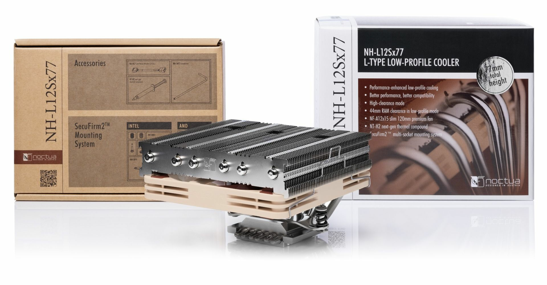Noctua CPU cooler with box, accessories, and mounting system.  The cooler is beige and brown.