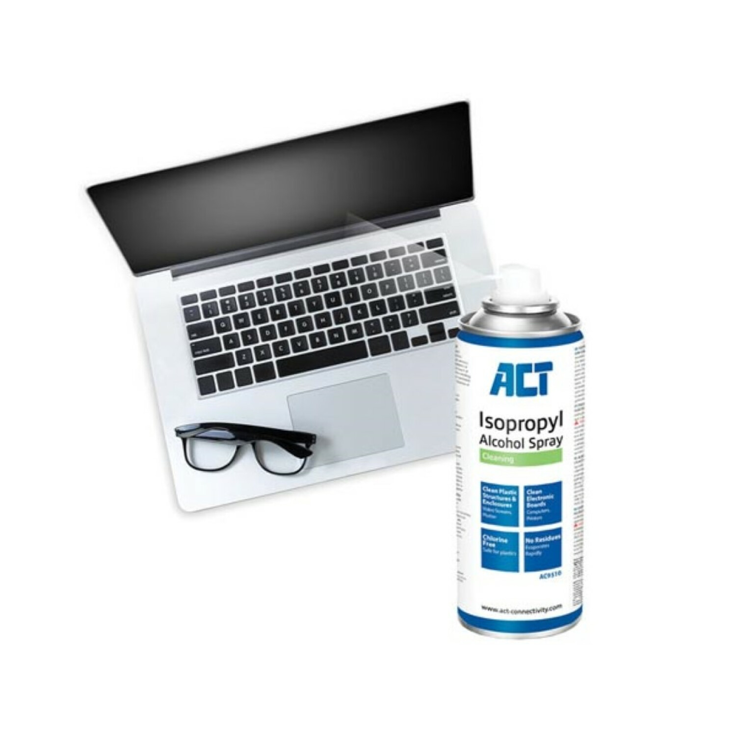 Laptop z okularami i sprayem alkoholowym. Spray to alkohol izopropylowy ACT.
