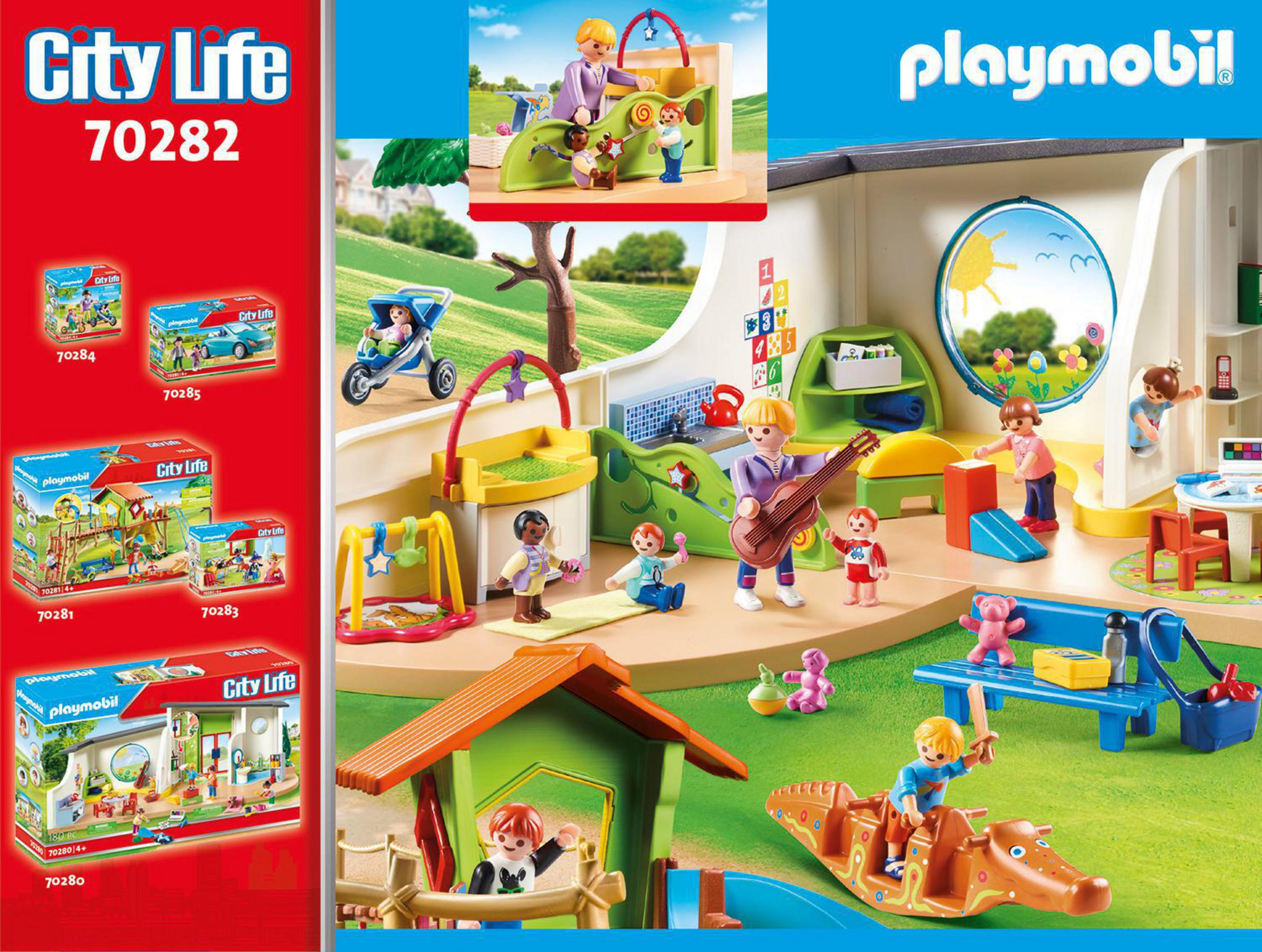 Zestaw Playmobil City Life z przedszkolem. Zawiera figurki, zabawki i artykuły dla niemowląt.