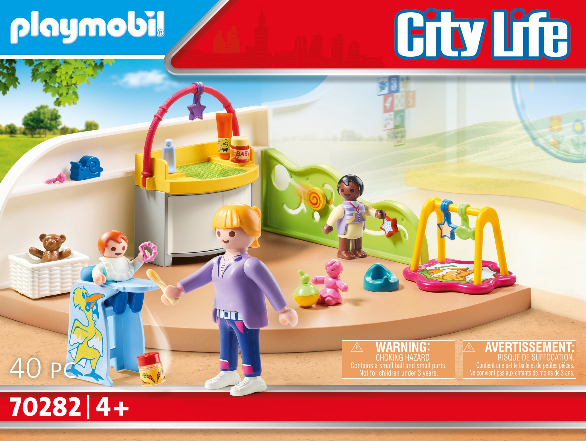 Zestaw Playmobil City Life z przedszkolem. Zawiera figurki, zabawki i artykuły dla niemowląt.