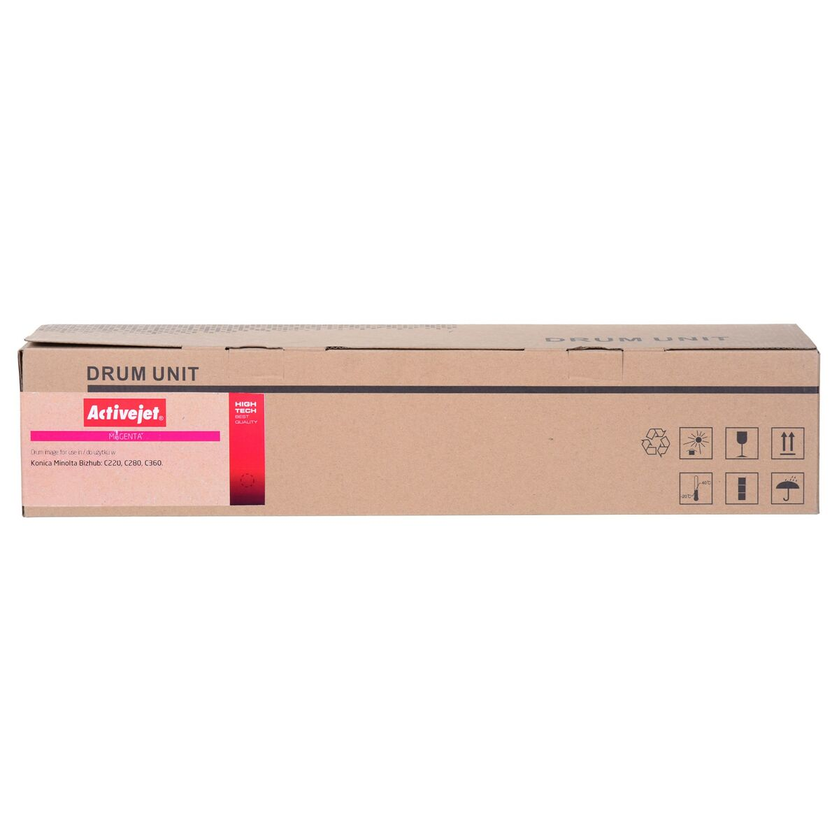 Una scatola marrone con l'etichetta "DRUM UNIT", il logo Activejet e i dettagli dell'inchiostro magenta.