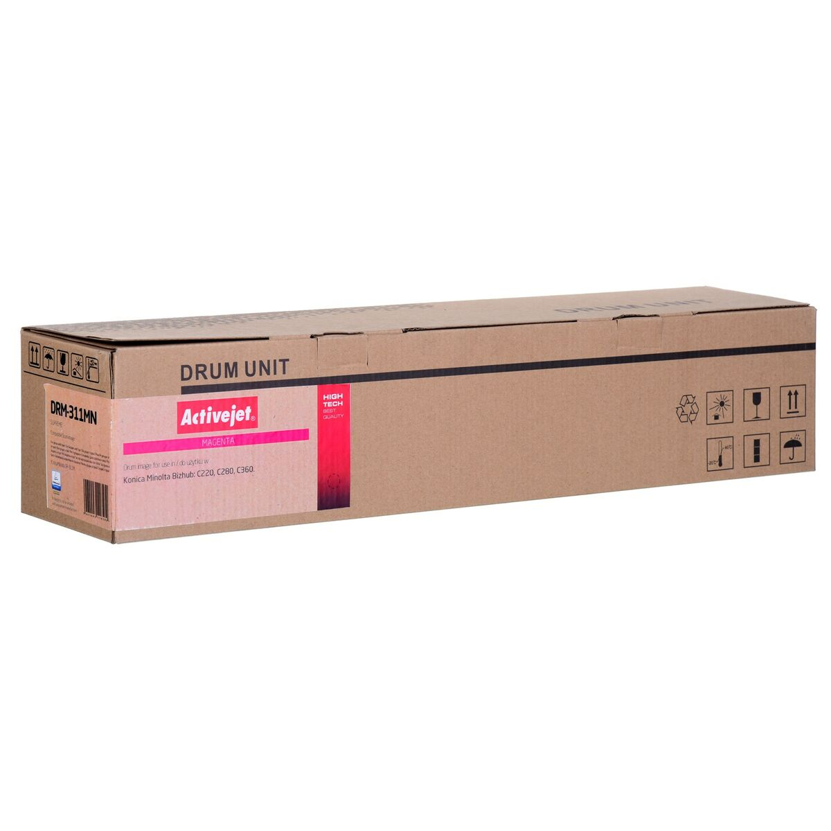 Scatola marrone con l'etichetta "DRUM UNIT", il logo Activejet e i dettagli dell'inchiostro magenta.