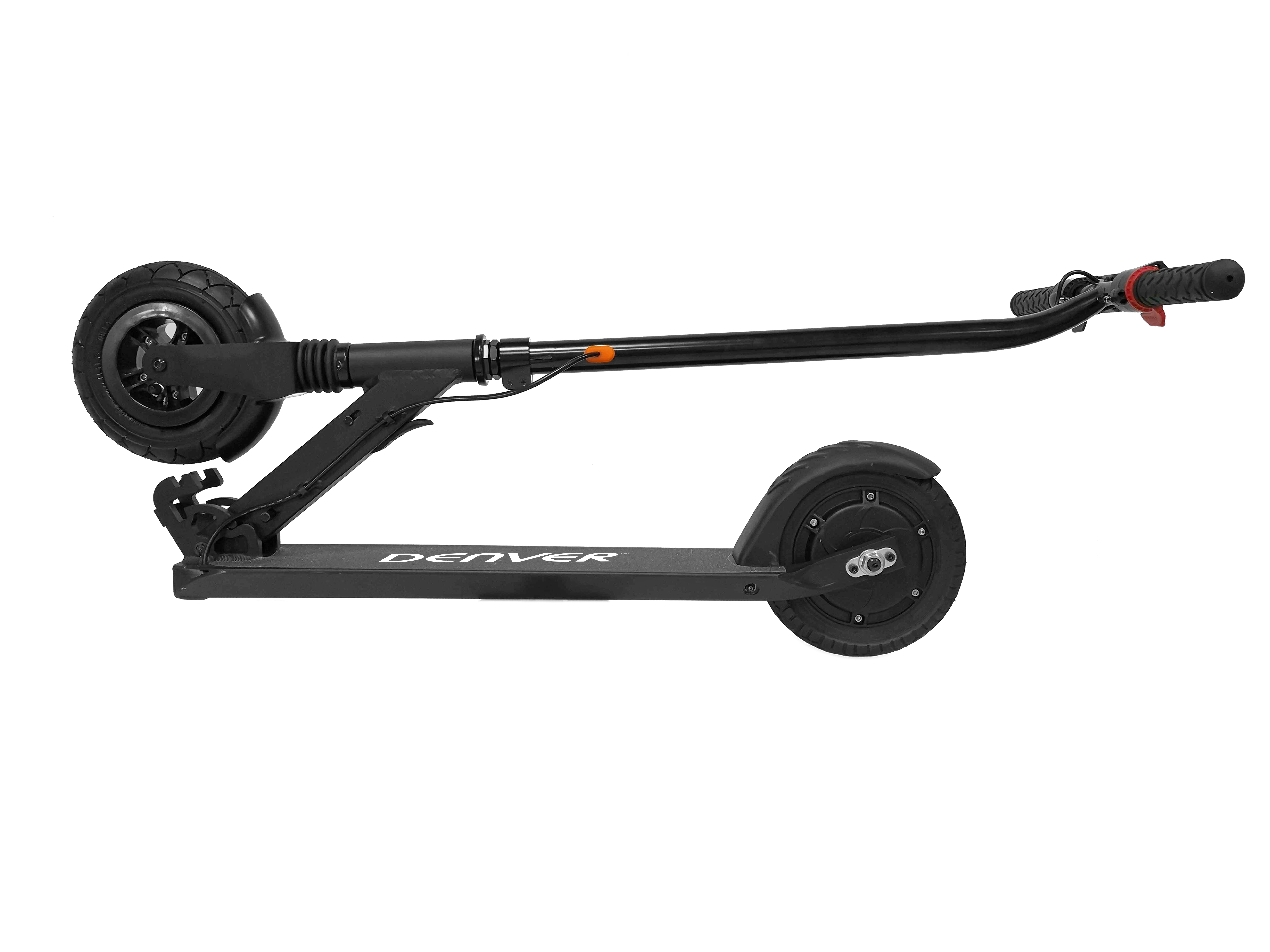 Uno scooter elettrico nero di lato. Lo scooter dice 'DENVER' sulla base.