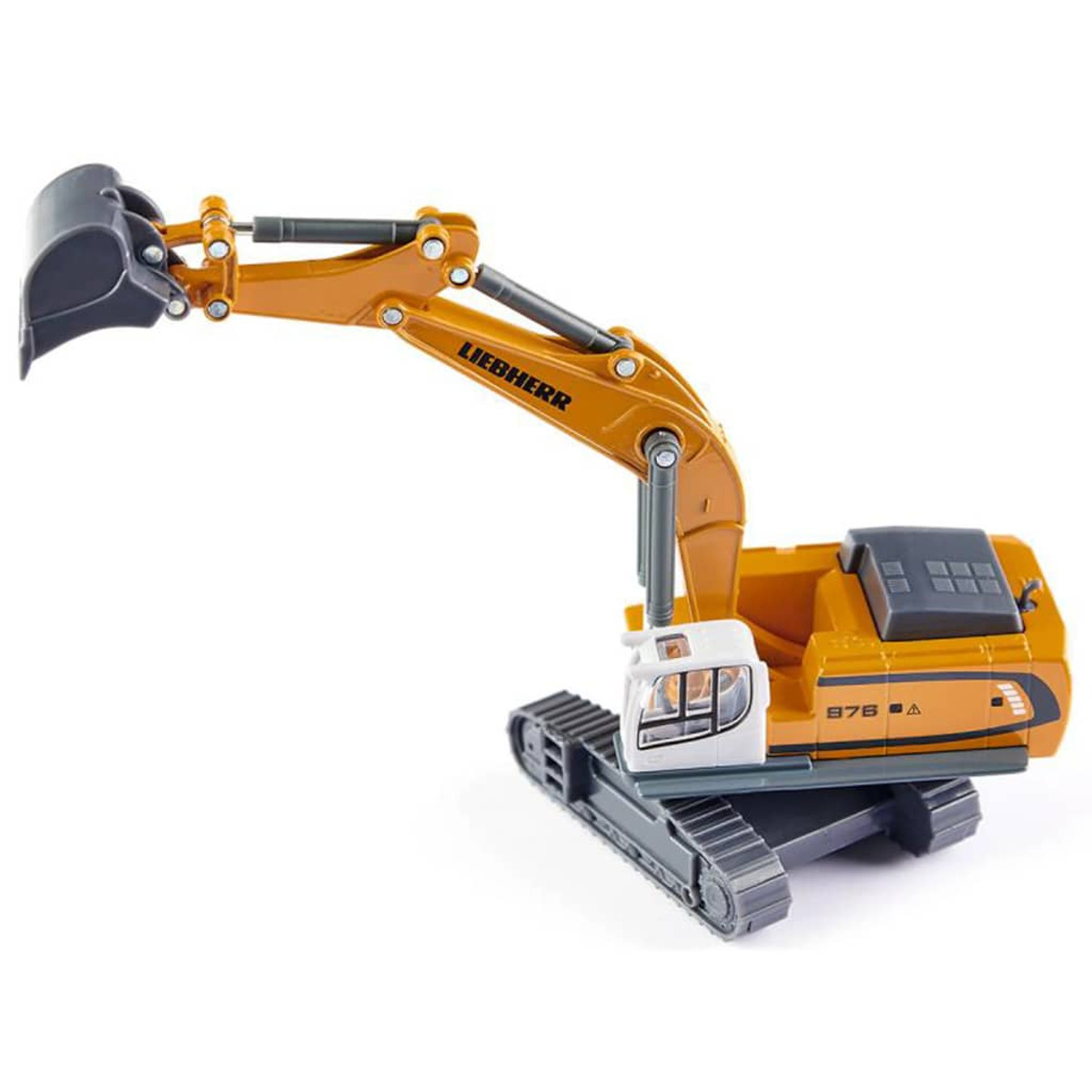 Pomarańczowa i żółta zabawka koparka. Jest na białej powierzchni. Liebherr to nazwa marki.