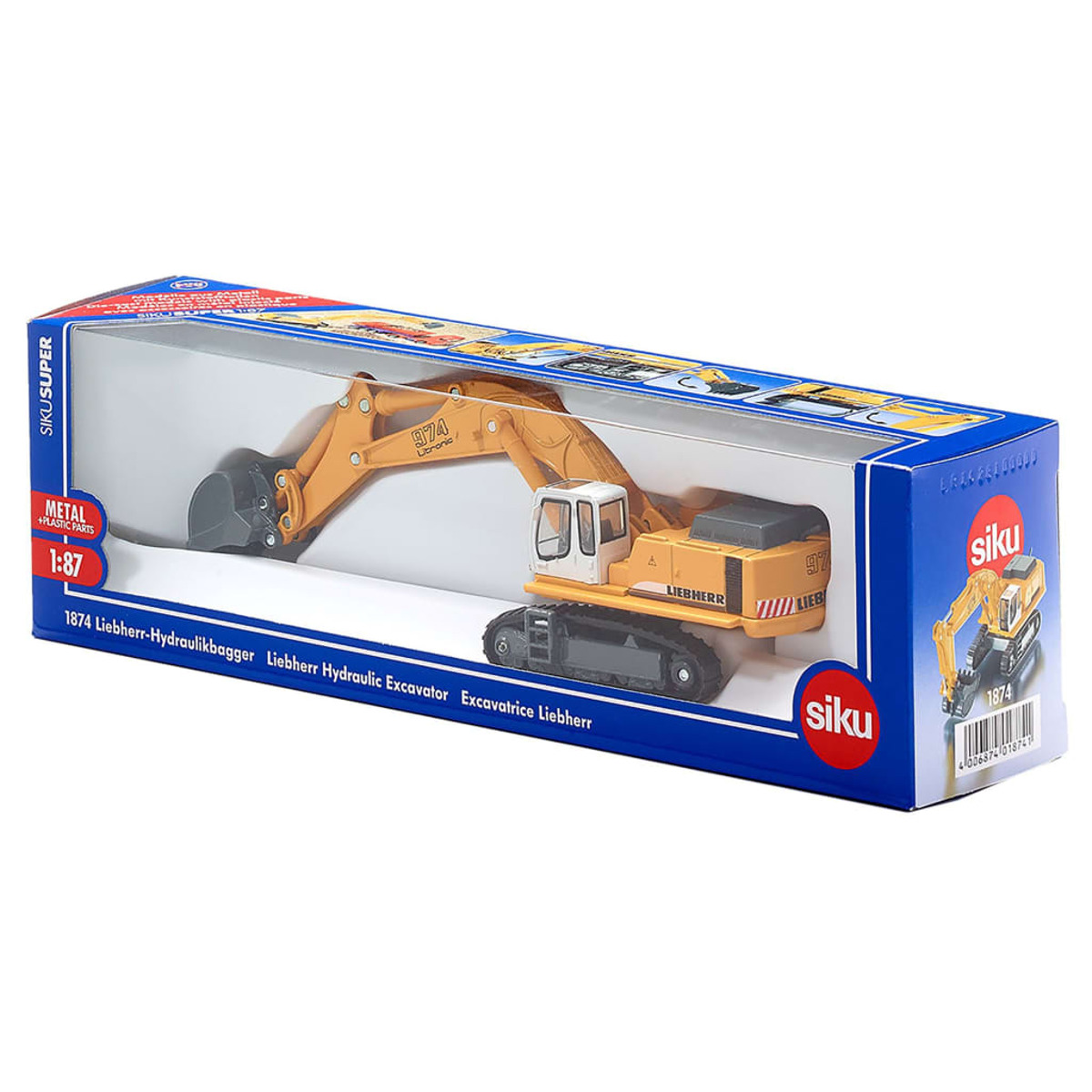 Zabawkowa koparka w pudełku. Koparka jest pomarańczowa i szara. Białe tło.