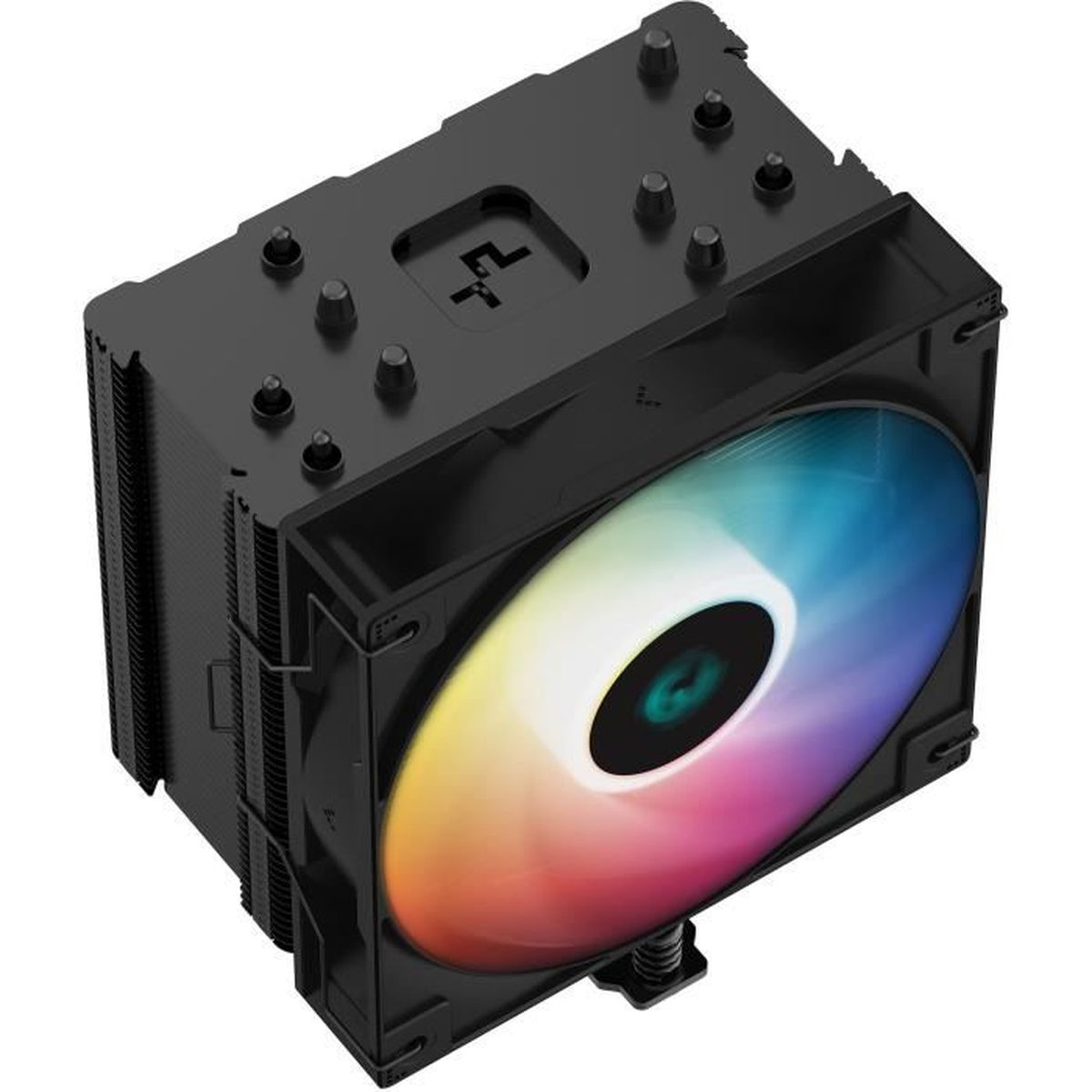 Un dissipatore per computer nero con una ventola colorata, vista dall'alto su sfondo bianco.