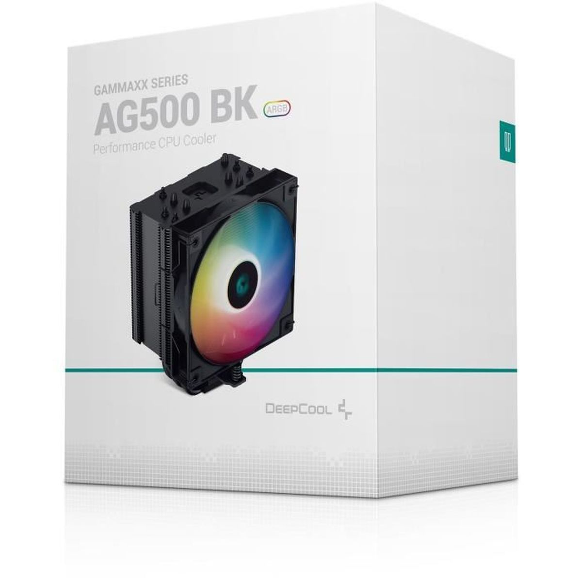 Una scatola bianca per un dissipatore CPU con un dissipatore nero all'interno e una ventola colorata.