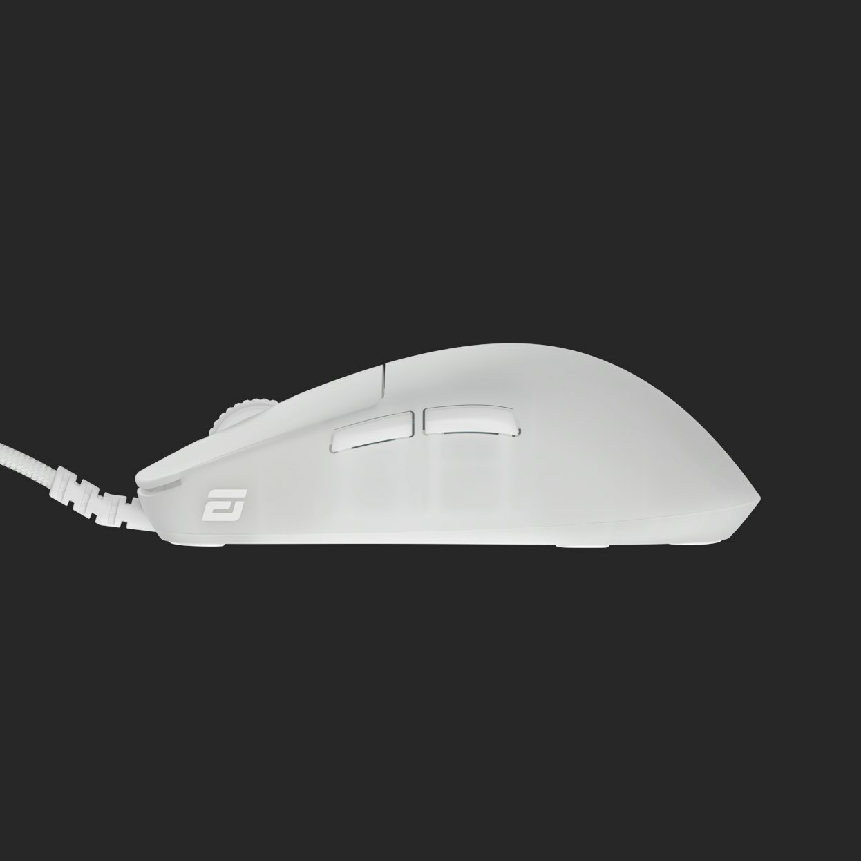 A white computer mouse on a black background. It has a connected white cable.