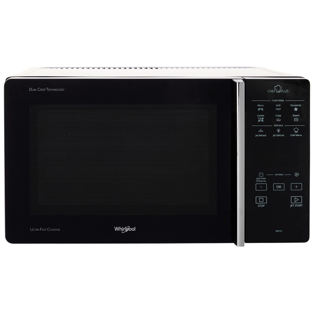 Black microwave oven with a display and control buttons. White background.