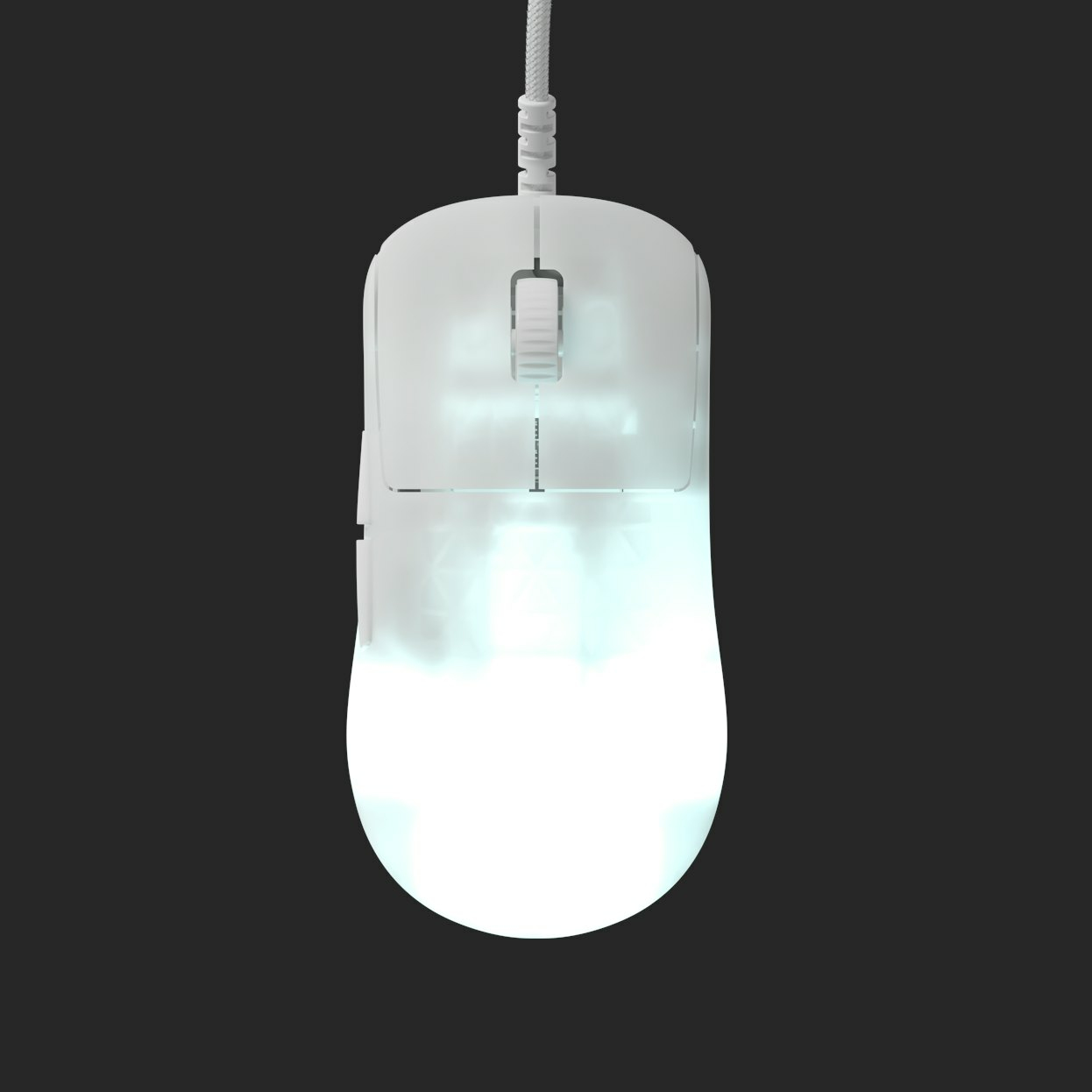 A glowing white computer mouse on a black background. Cord and buttons are visible.