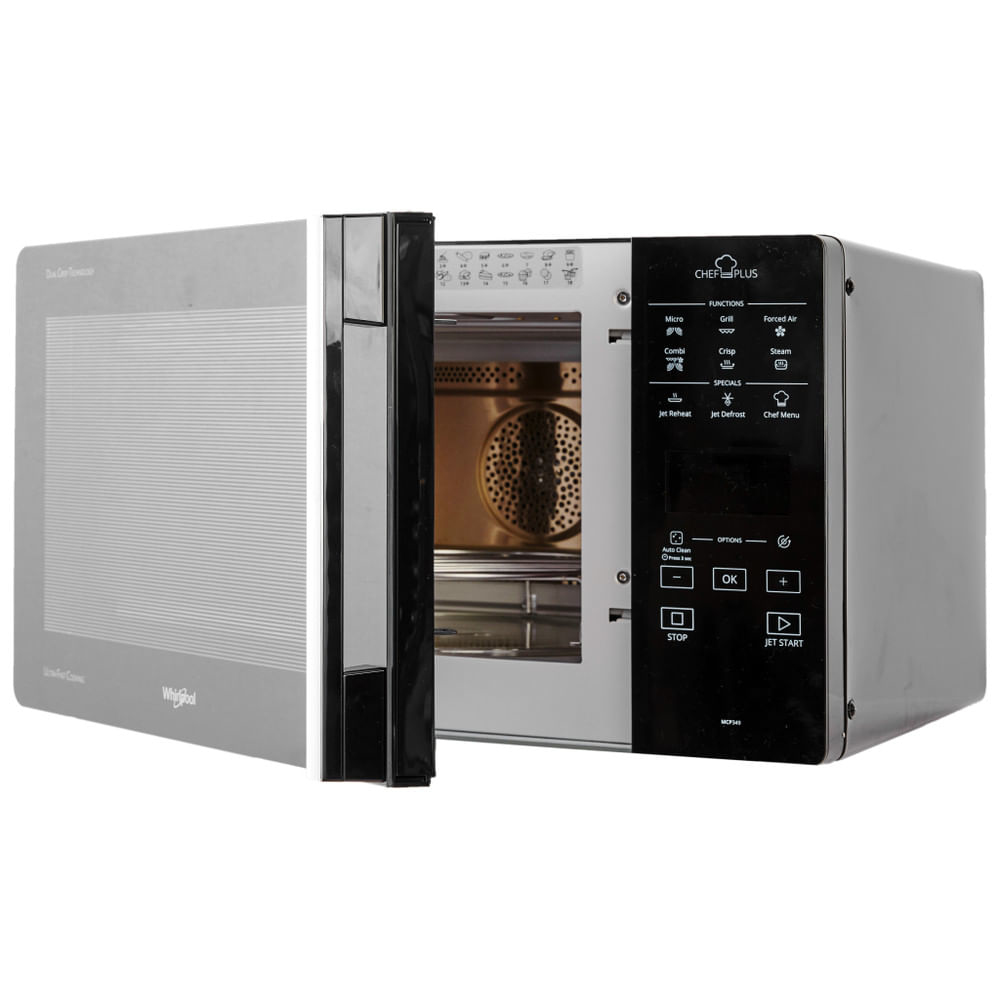 A microwave with the door open. The control panel is black with buttons.