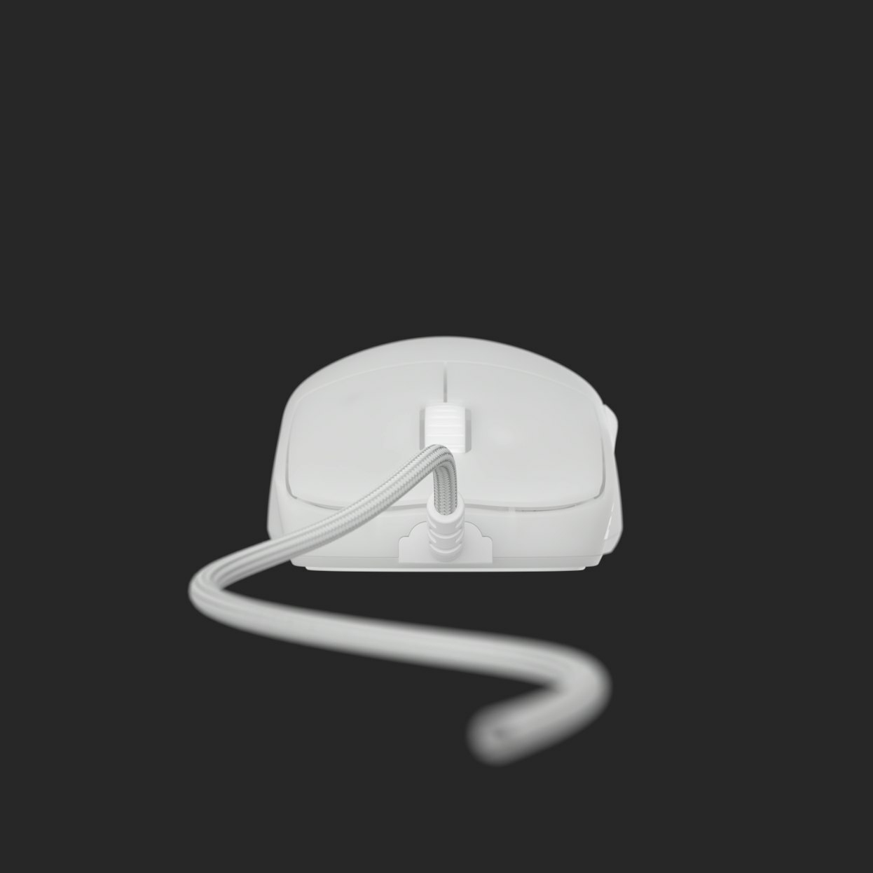White computer mouse with a braided cable. The mouse is positioned on a black background.