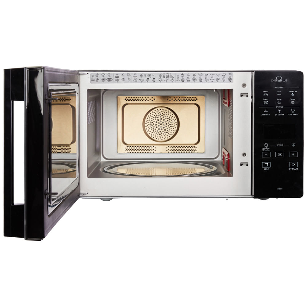 A black microwave with the door open, revealing the interior and controls. White background.